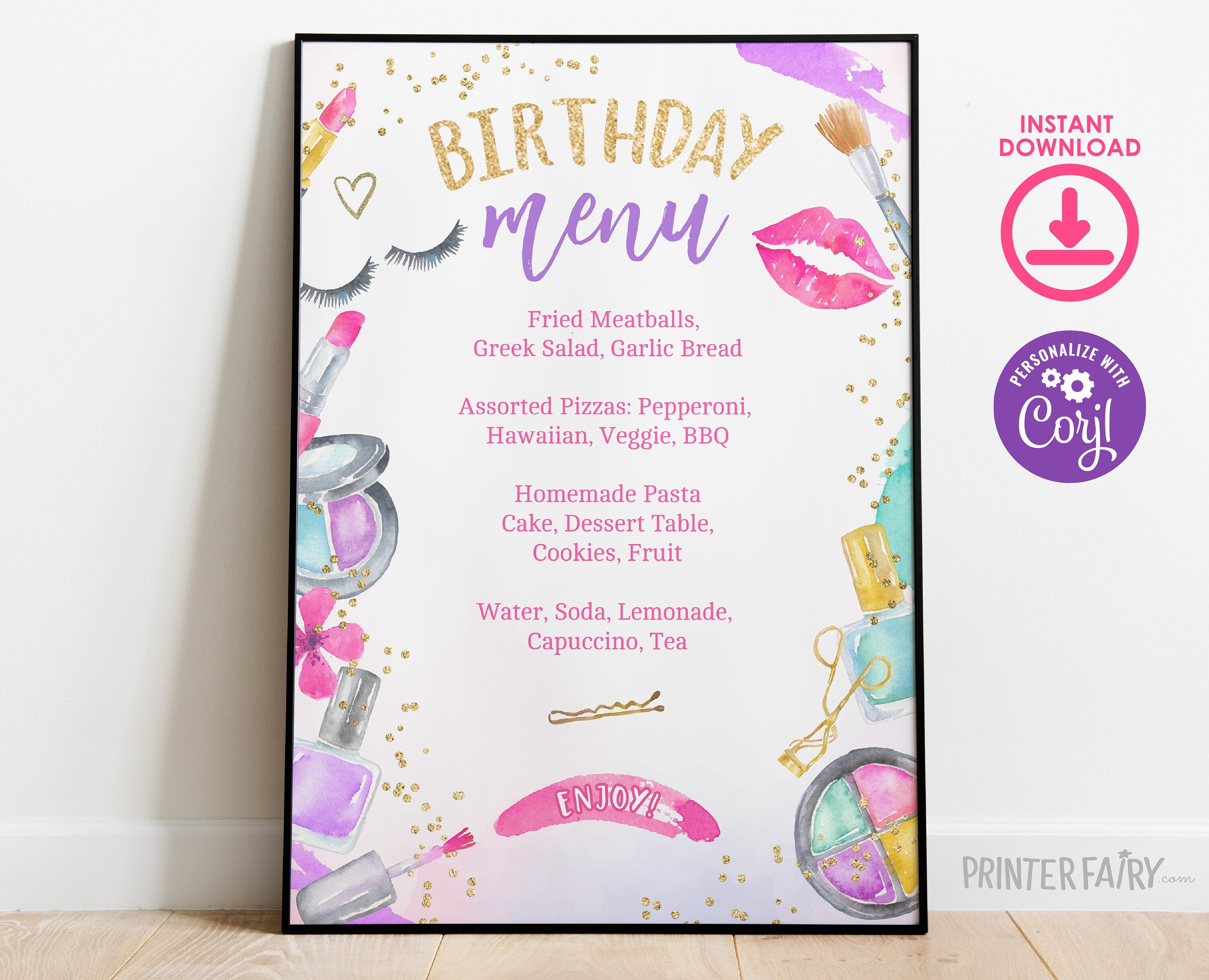 Spa Birthday Menu, Glitz Glam Party Food Sign (Digital Download)