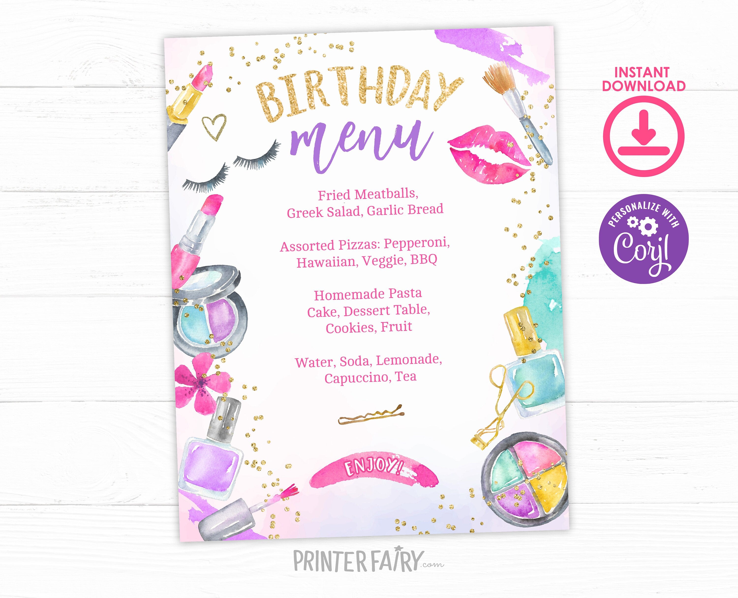 Spa Birthday Menu, Glitz Glam Party Food Sign (Digital Download)