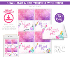 Spa Party Food Tents, Place Cards, Editable Template, INSTANT DOWNLOAD