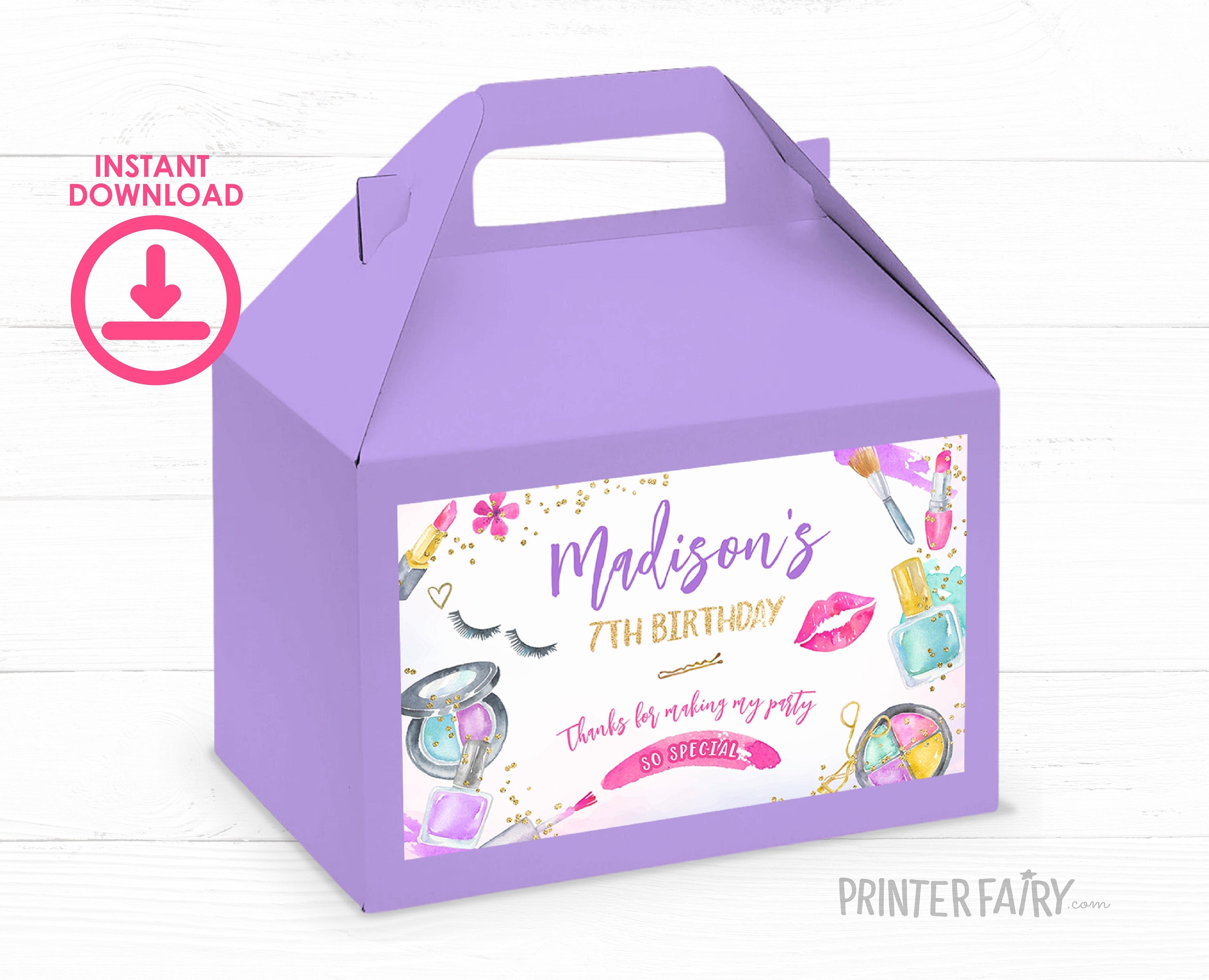 Editable Spa Party Favor Box Label, Glam Makeup Birthday Favor (Digital Download)