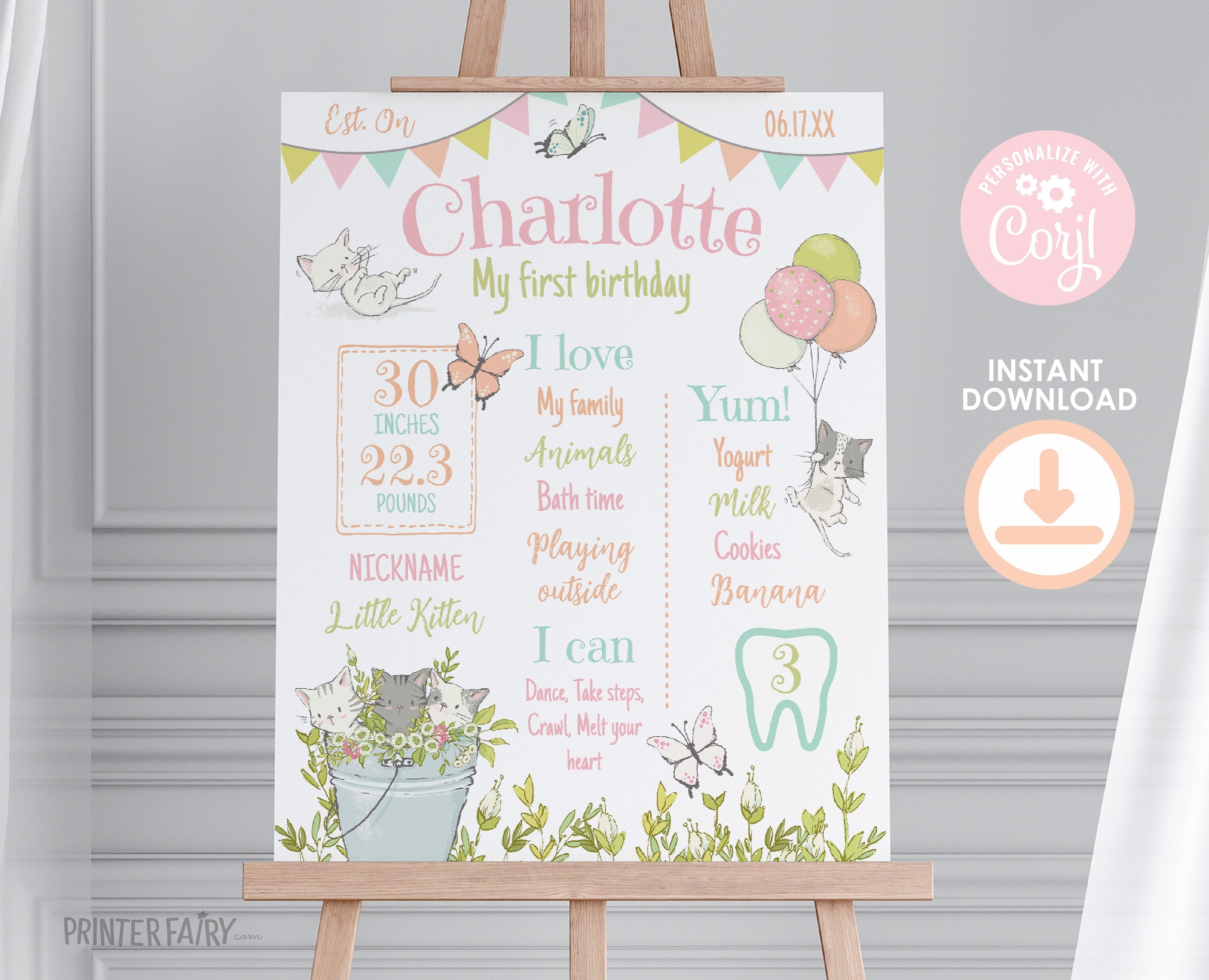 Kitten Garden First Birthday Board, Editable Milestones Sign (Digital Download)