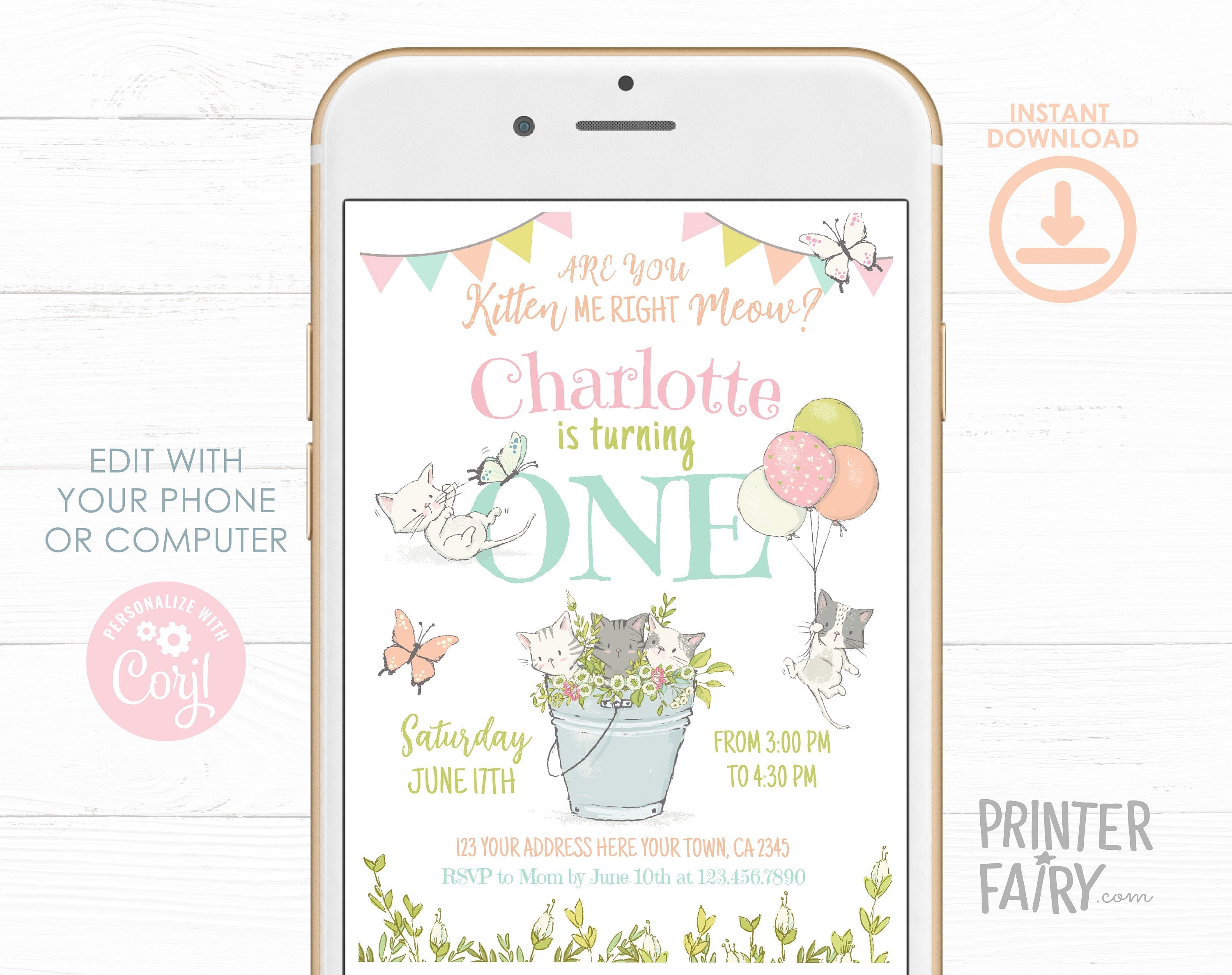 Kitty Cat First Birthday Invitation, Kitten Garden Party (Editable Template)