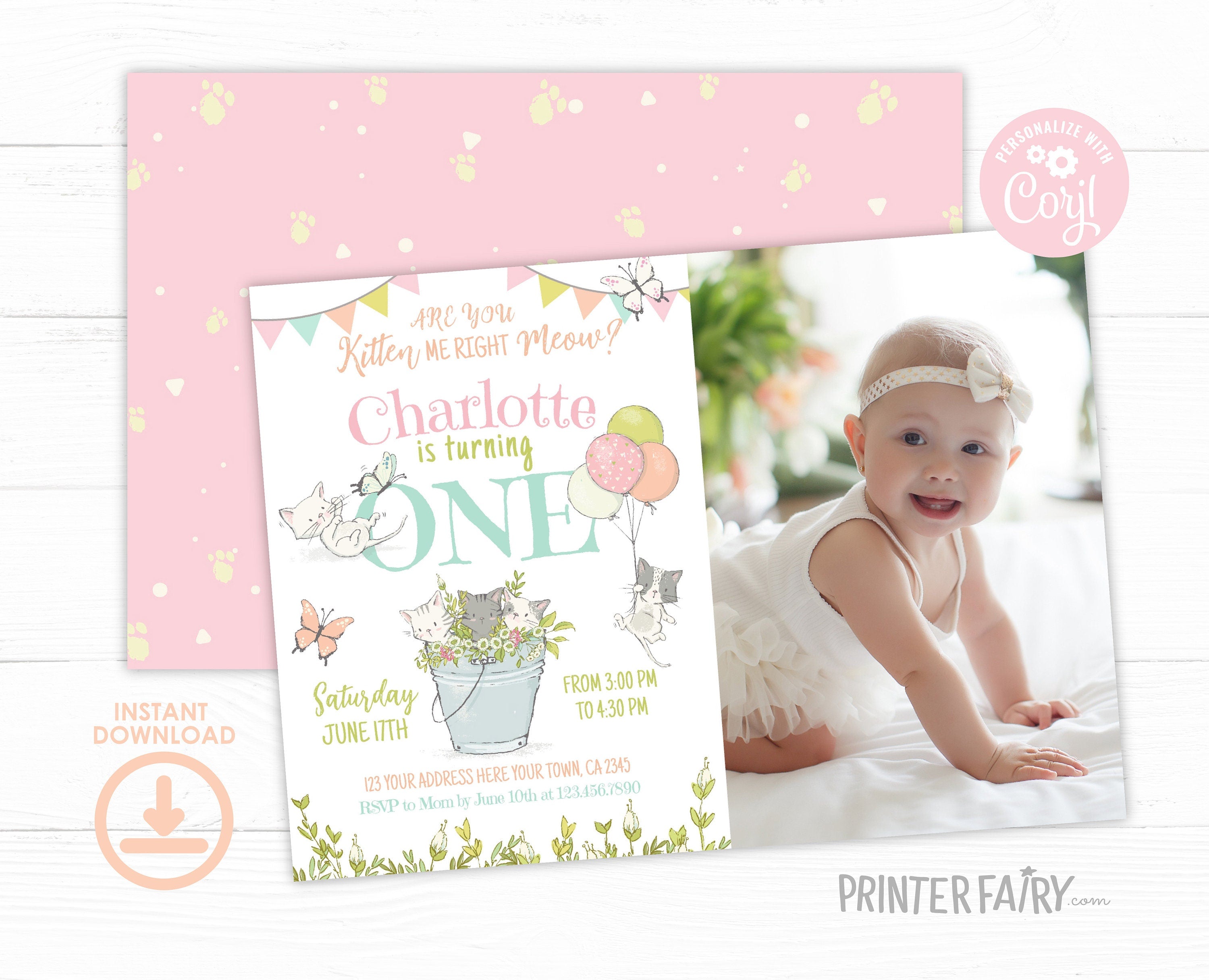 Kitty Cat First Birthday Invitation with Photo, Kitten Garden Party (Printable)