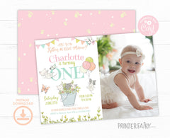 Kitty Cat First Birthday Invitation with Photo, Kitten Garden Party (Printable)