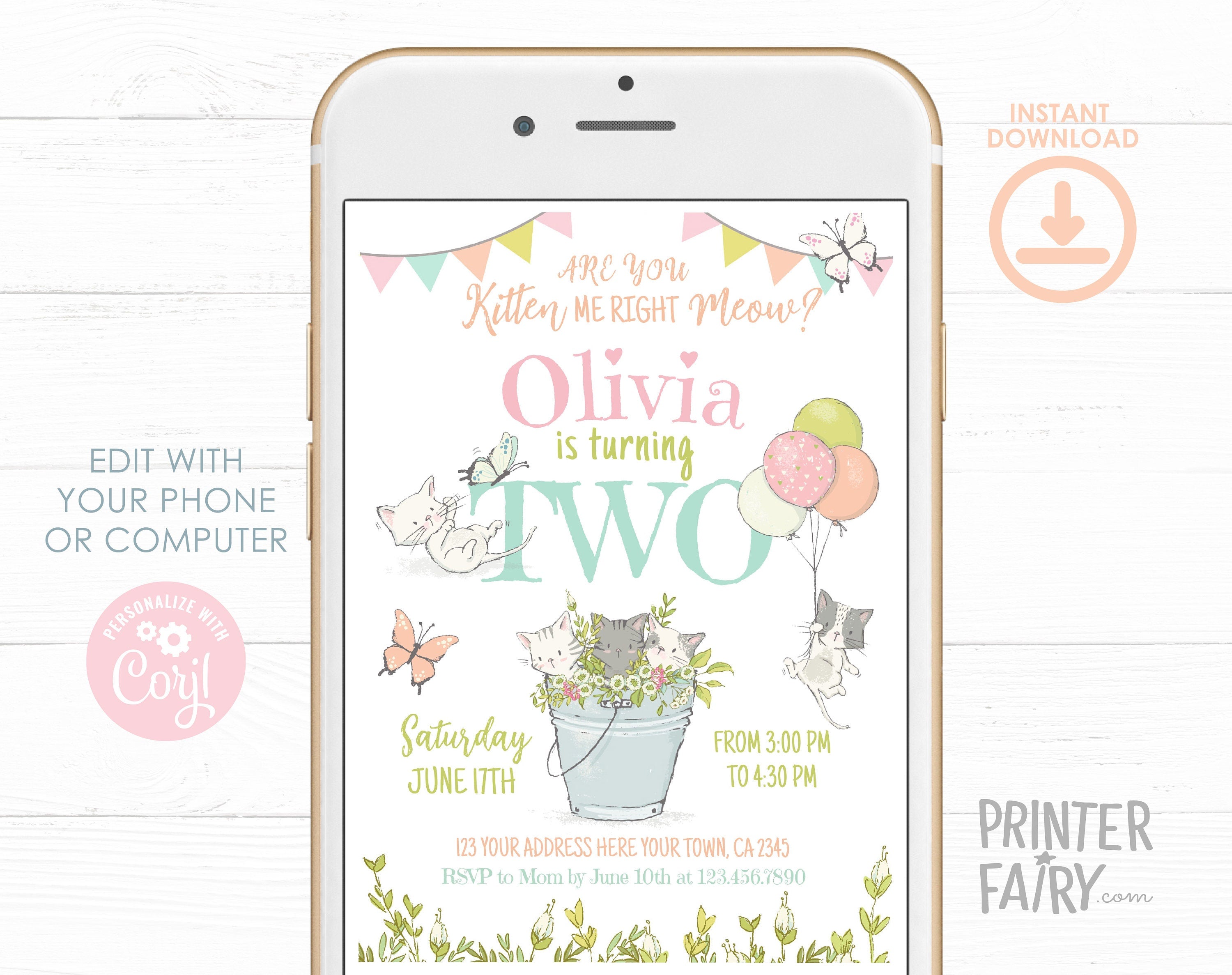 Kitty Cat 2nd Birthday Invitation, Kitten Garden Party (Editable Digital Template)