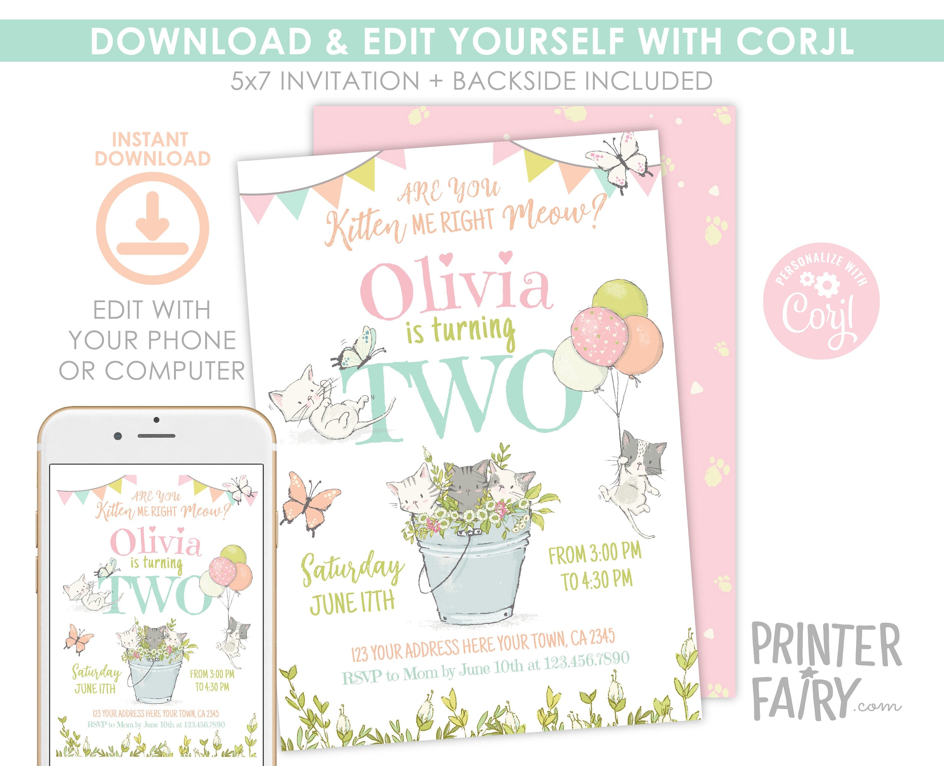 Kitty Cat 2nd Birthday Invitation, Kitten Garden Party (Editable Digital Template)