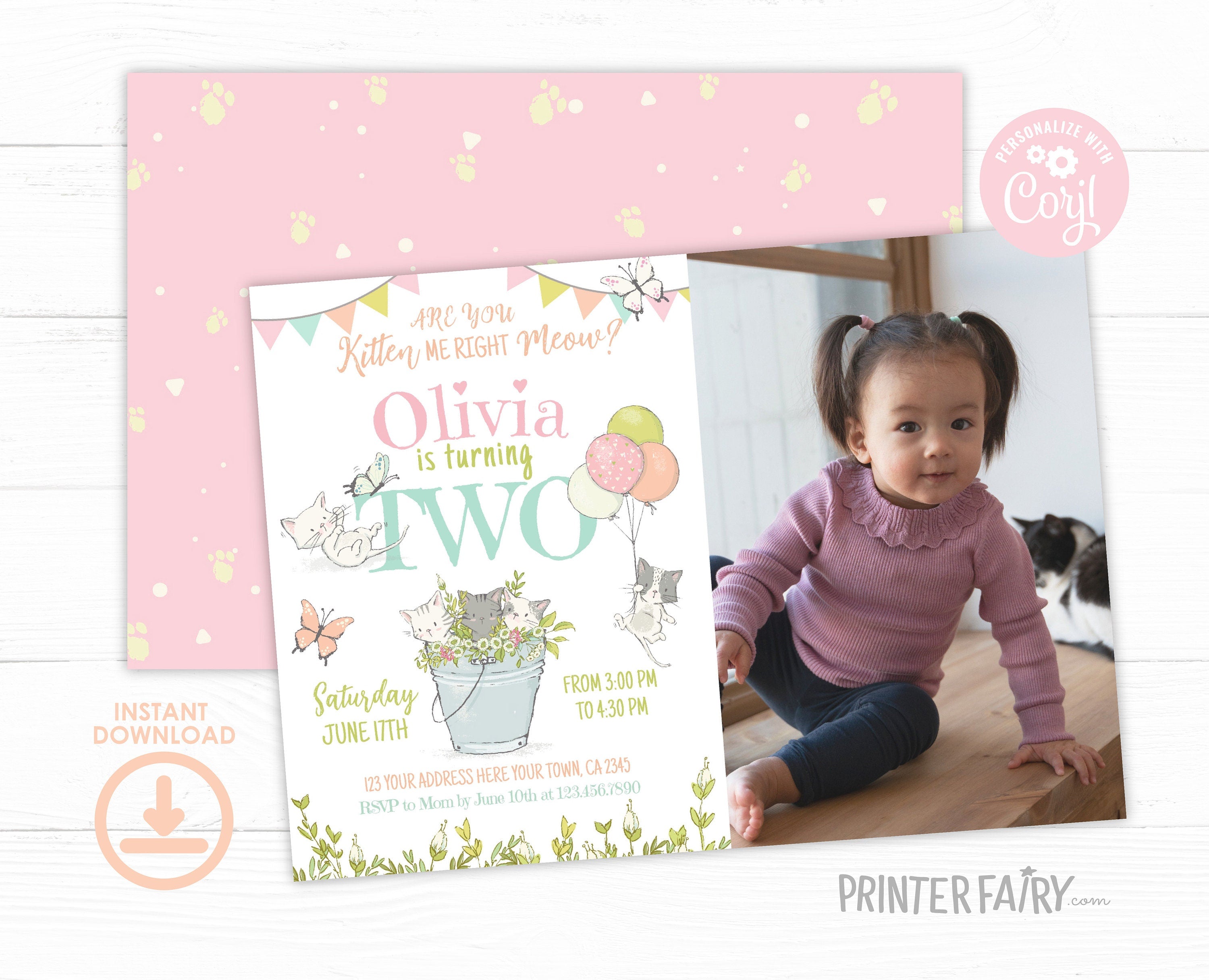 Kitty Cat 2nd Birthday Invitation with Photo, Kitten Garden Party (Editable)