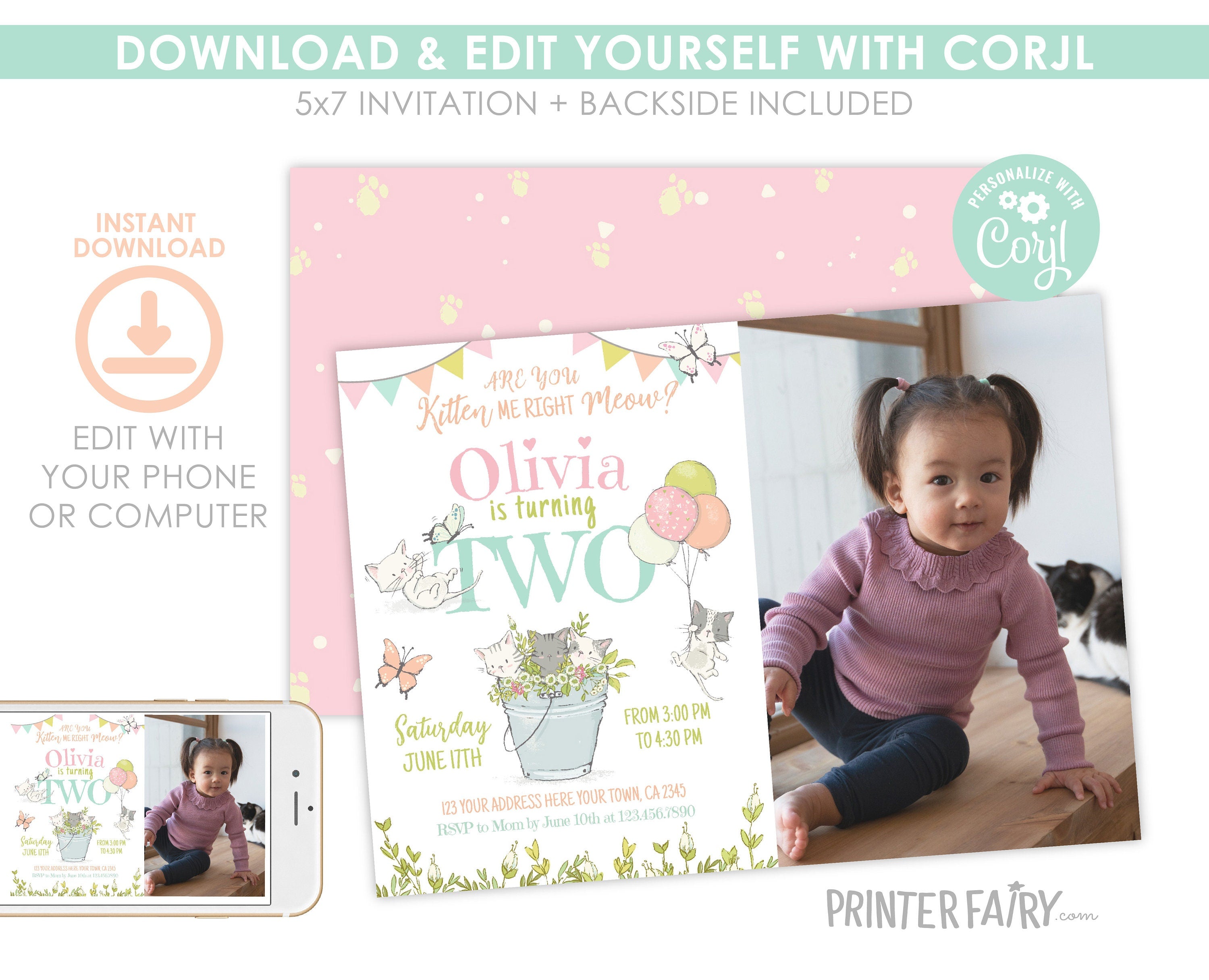 Kitty Cat 2nd Birthday Invitation with Photo, Kitten Garden Party (Editable)