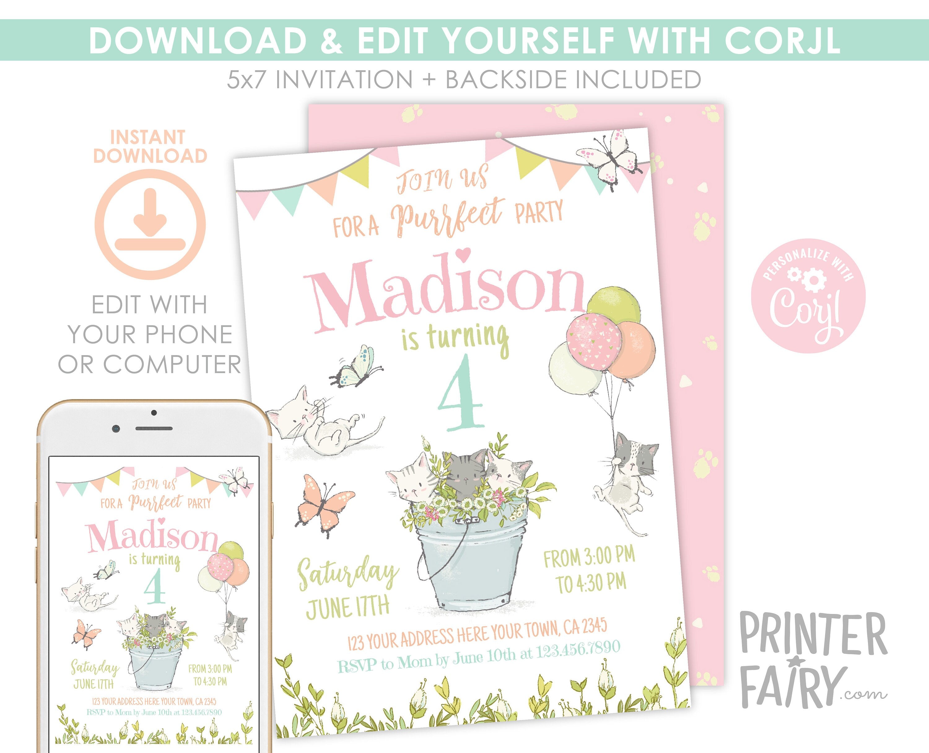 Kitty Cat Garden Birthday Invitation, Editable Printable