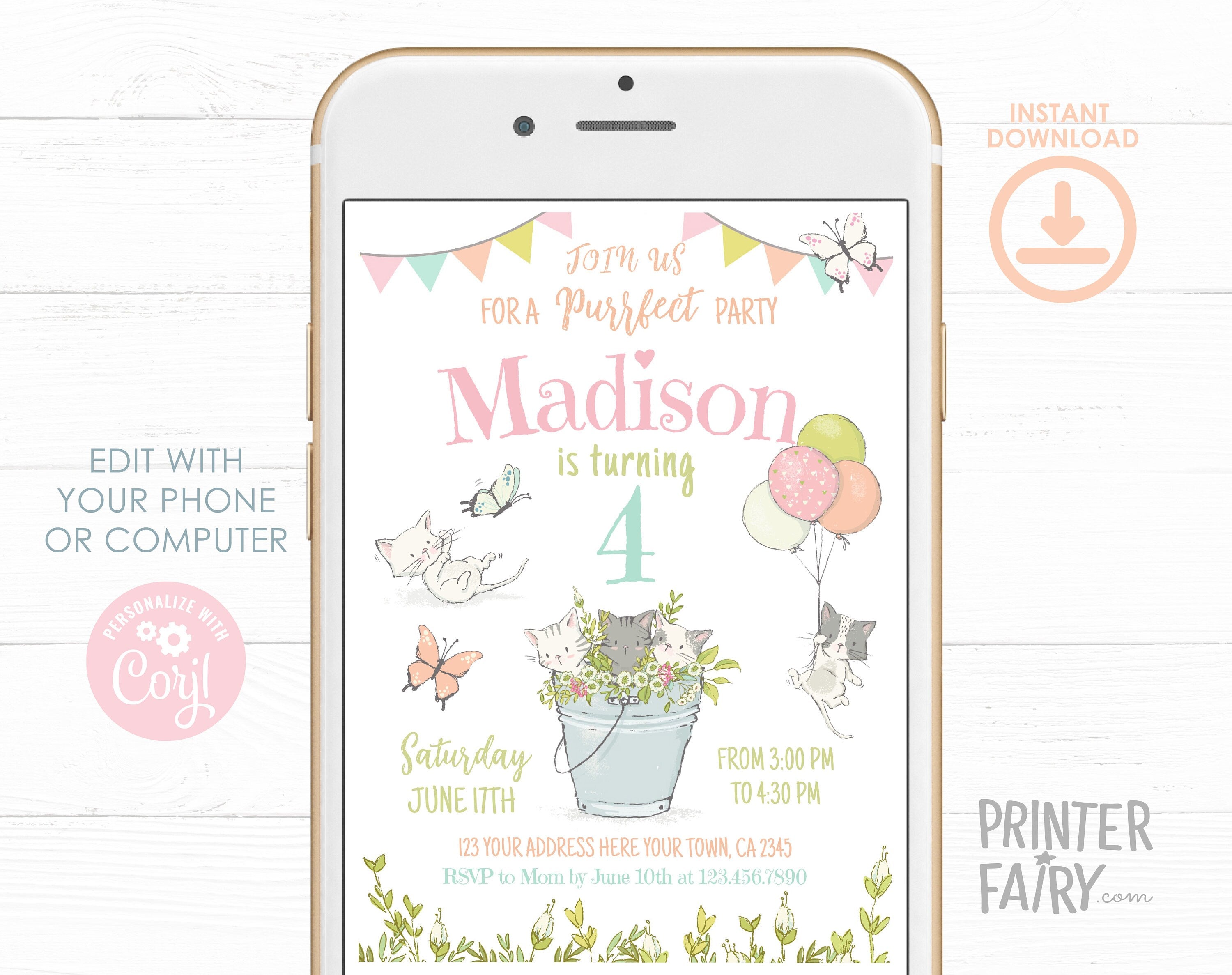 Kitty Cat Garden Birthday Invitation, Editable Printable