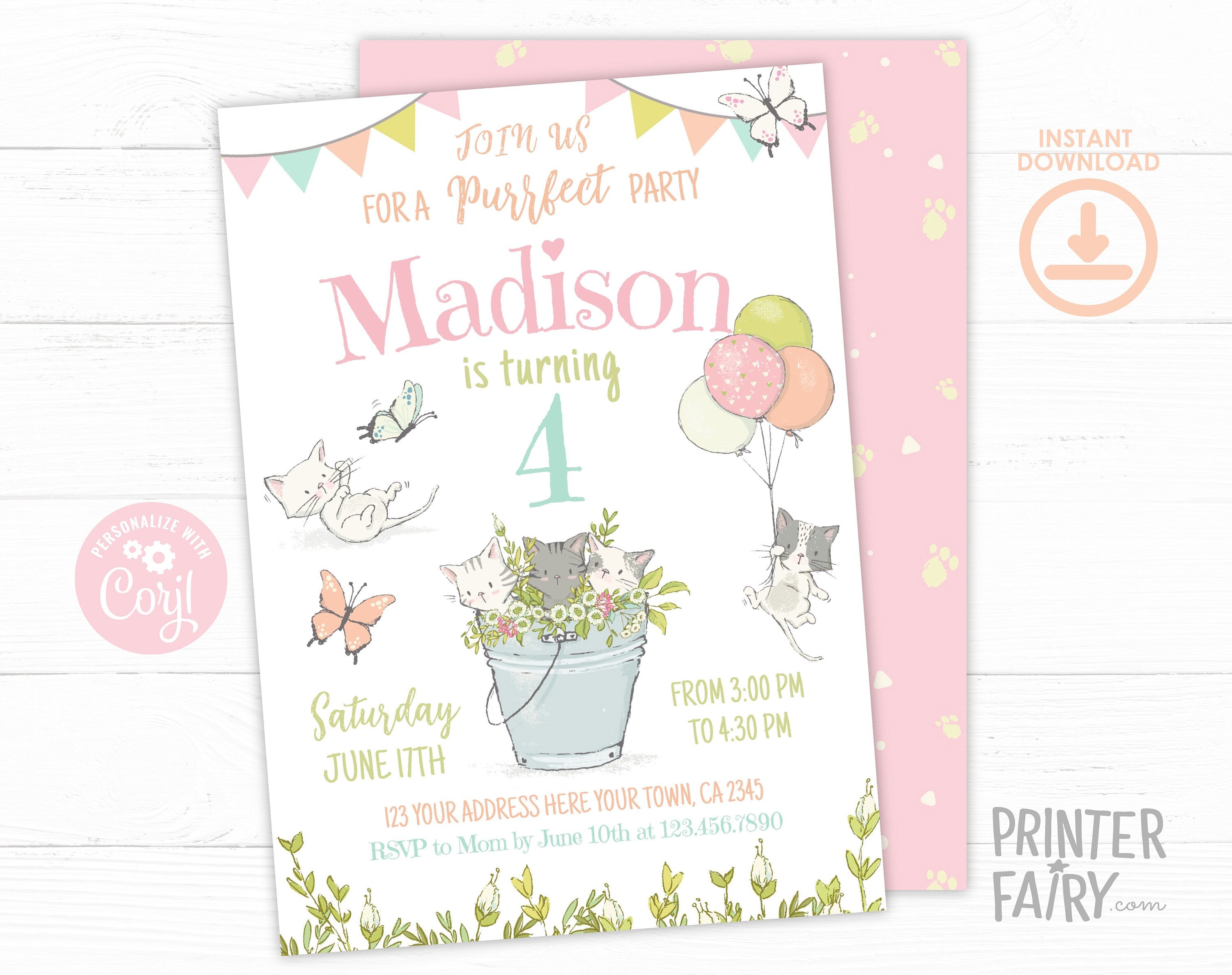 Kitty Cat Garden Birthday Invitation, Editable Printable