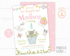 Kitty Cat Garden Birthday Invitation, Editable Printable