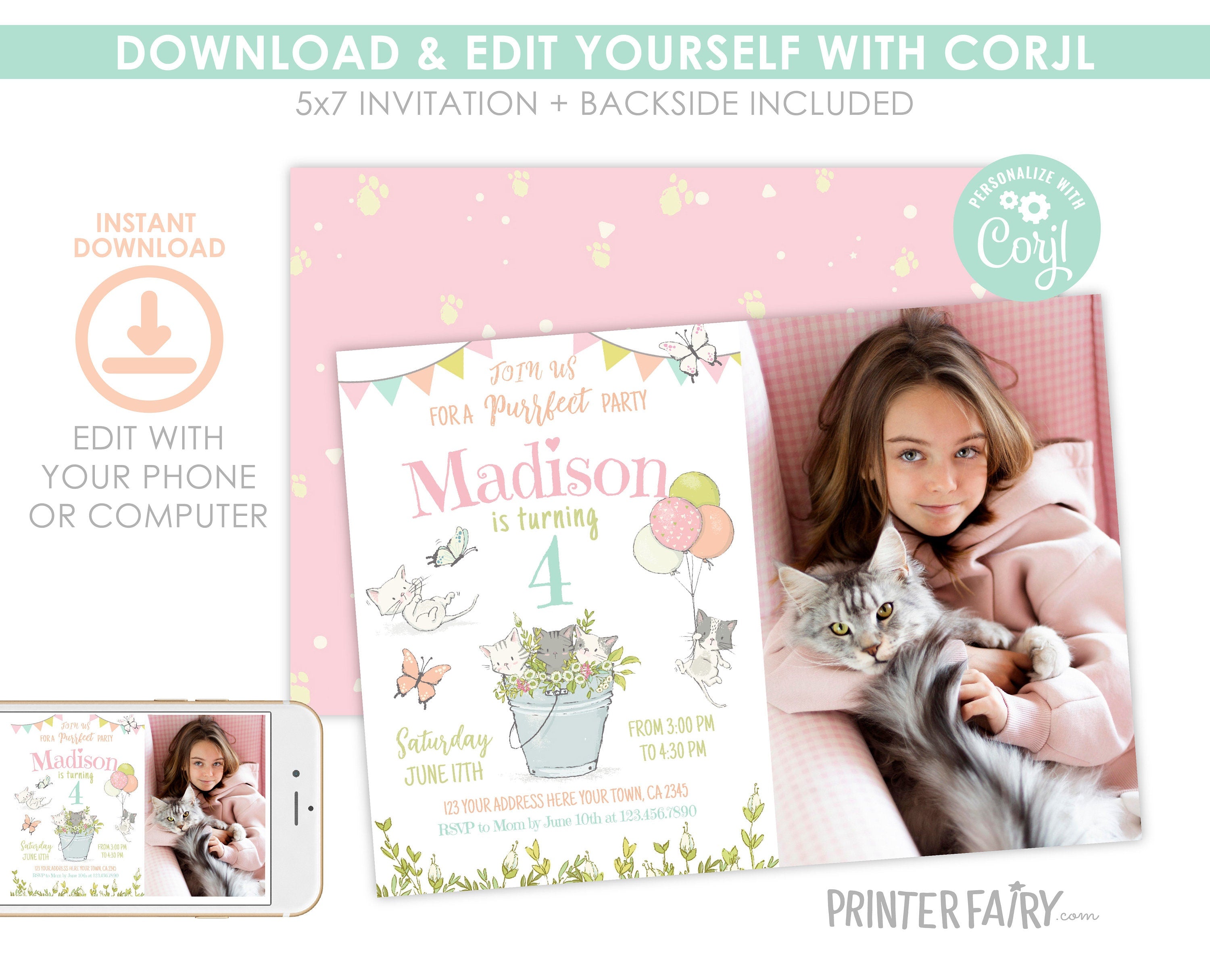 Kitty Cat Birthday Invitation with Photo, Kitten Garden Party (Editable)