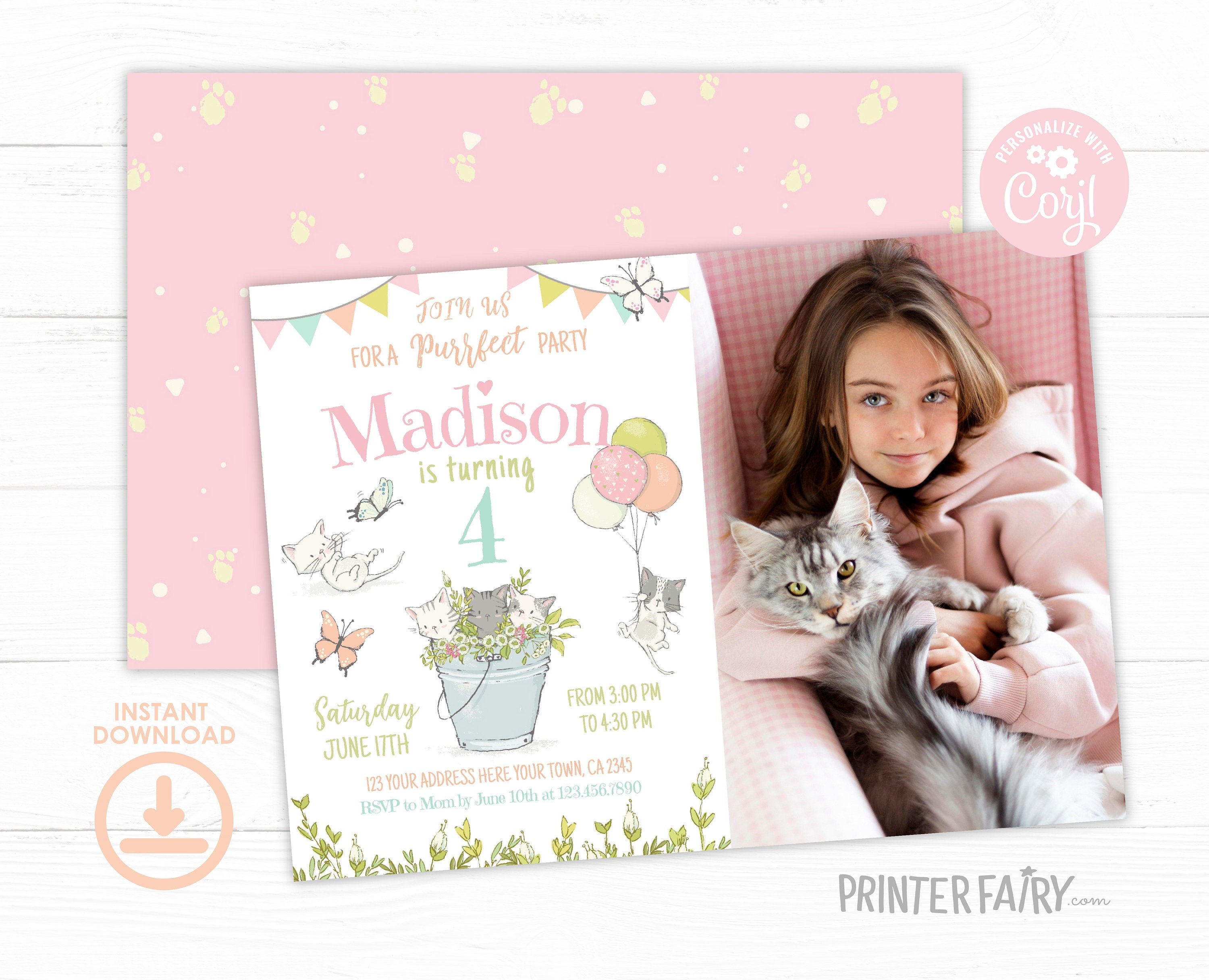 Kitty Cat Birthday Invitation with Photo, Kitten Garden Party (Editable)