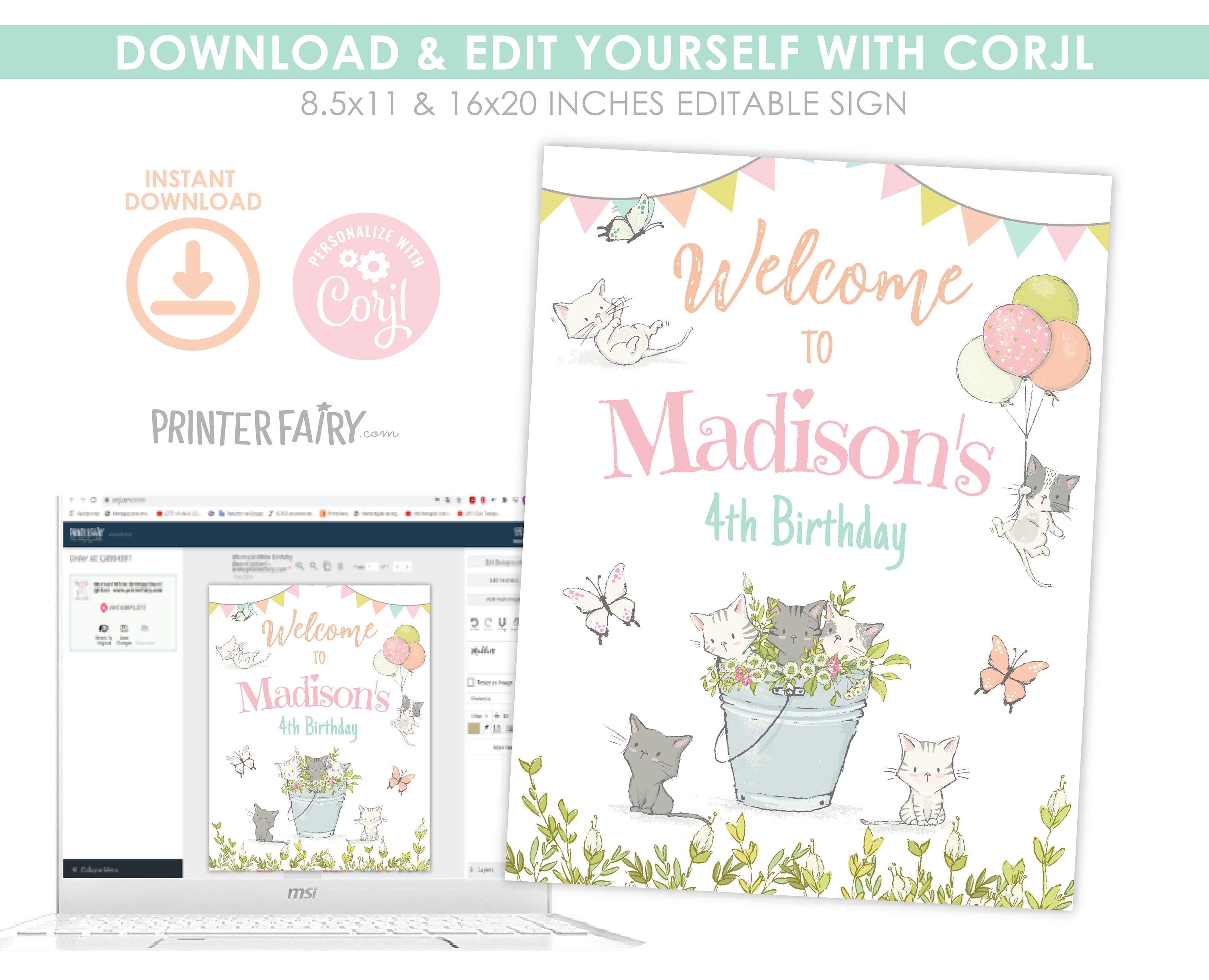 Kitten Garden Birthday Welcome Sign, Editable Cat Party Decor (Printable)