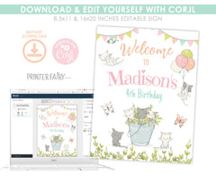 Kitten Garden Birthday Welcome Sign, Editable Cat Party Decor (Printable)
