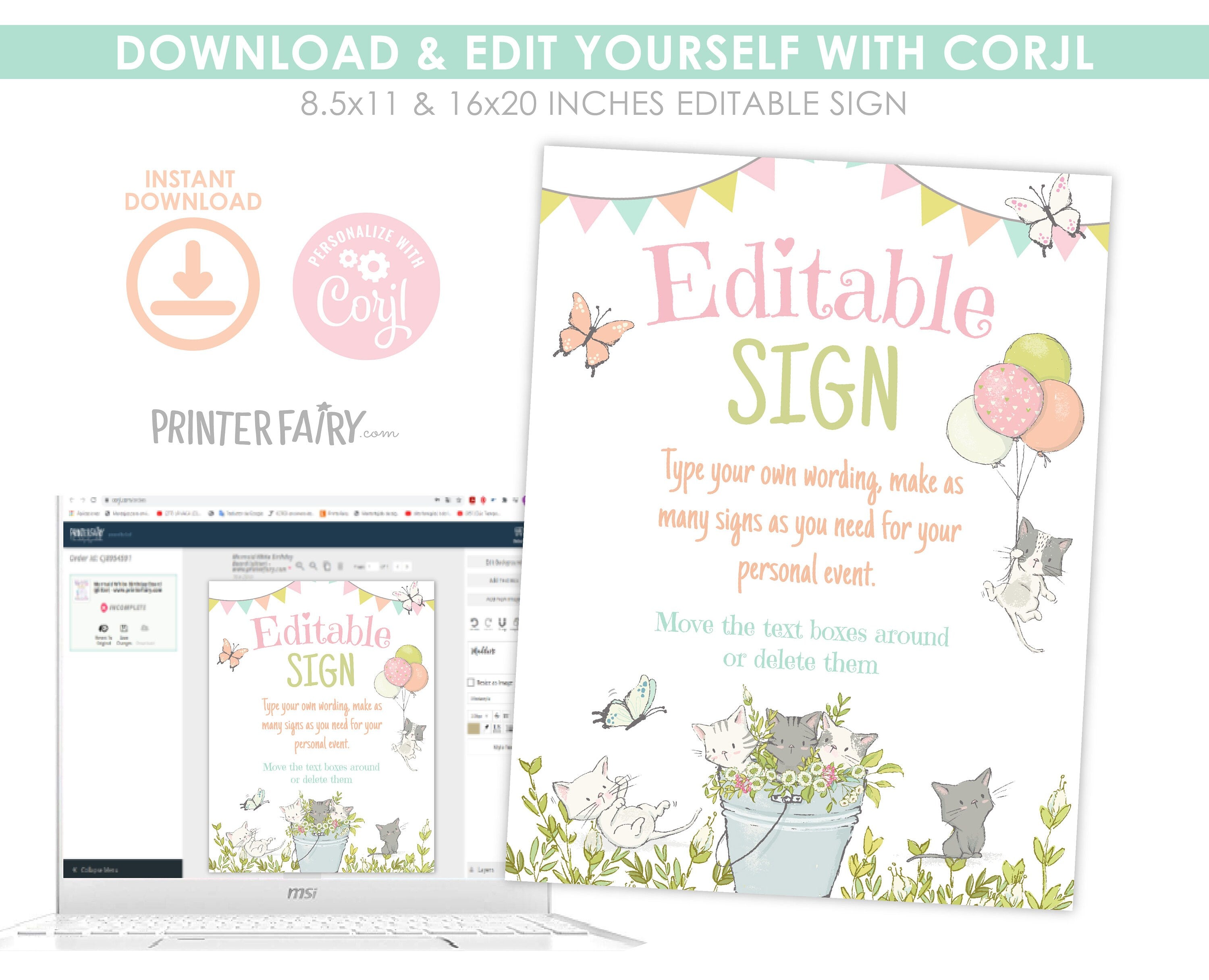 Kitty Cat Birthday Sign, Kitten Garden Party Decor (Editable)