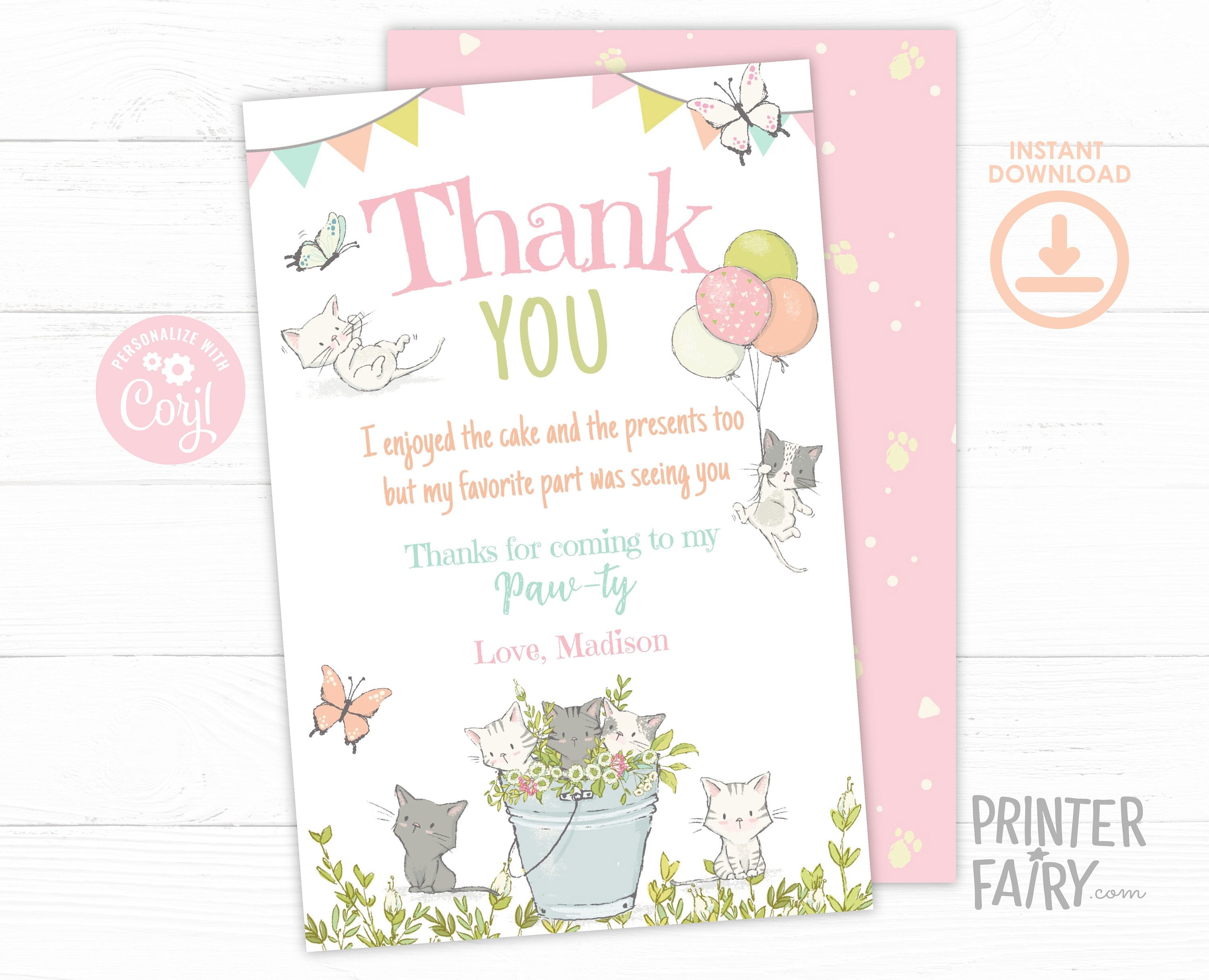 Kitty Cat Birthday Thank You Card, Kitten Garden Party (Editable, Printable)
