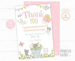 Kitty Cat Birthday Thank You Card, Kitten Garden Party (Editable, Printable)