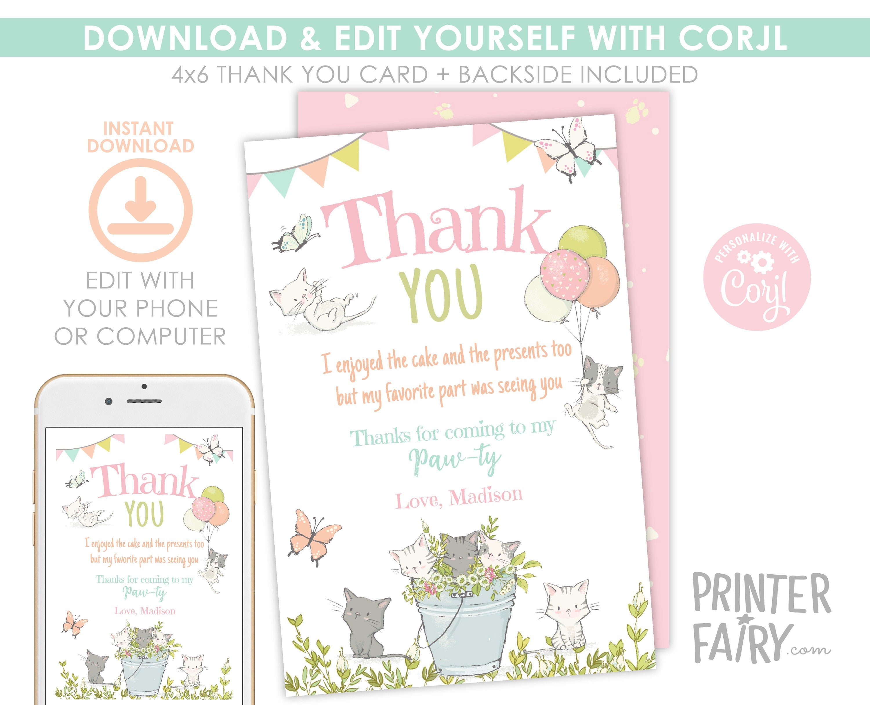 Kitty Cat Birthday Thank You Card, Kitten Garden Party (Editable, Printable)