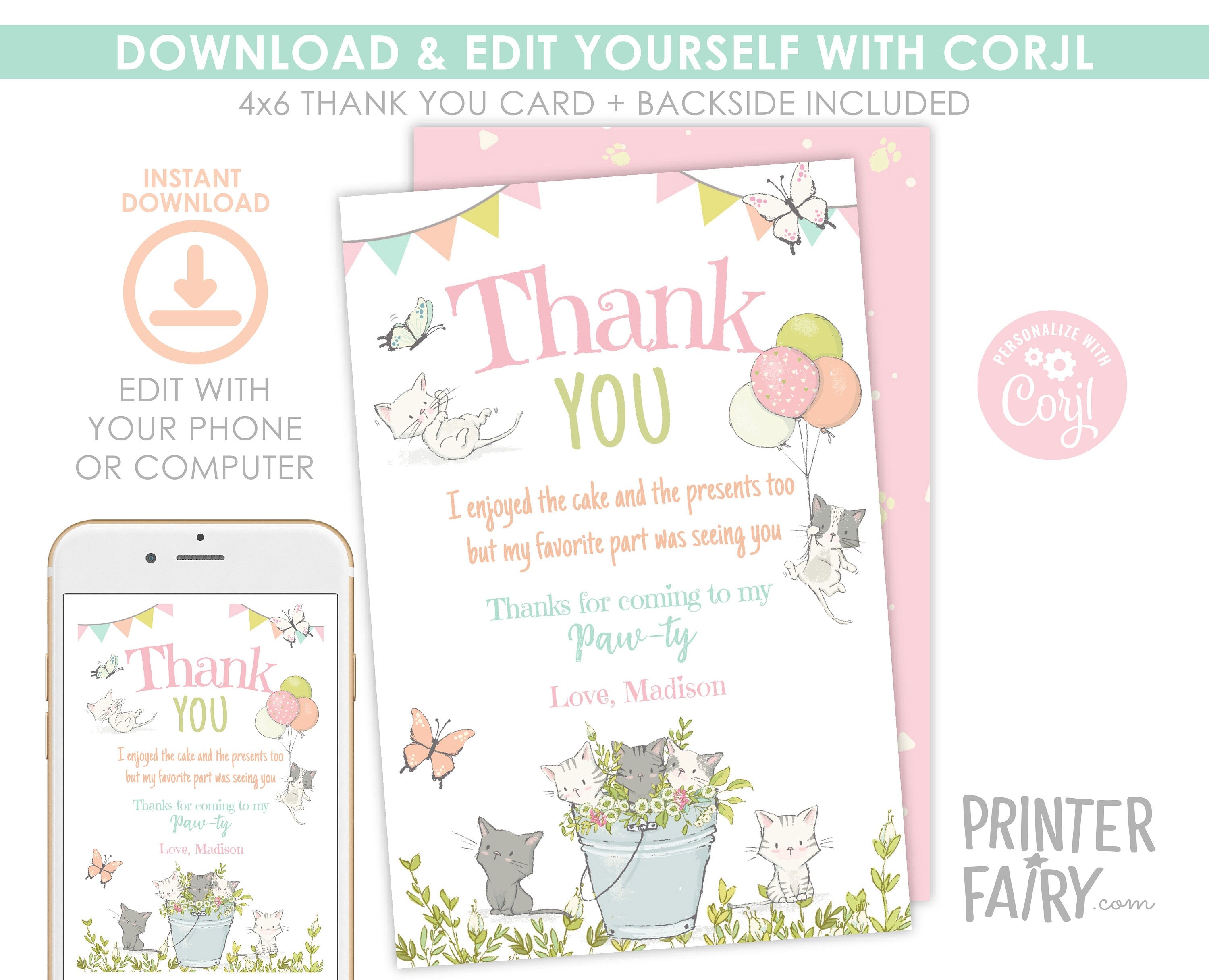 Kitty Cat Birthday Thank You Card, Kitten Garden Party (Editable, Printable)