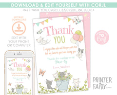 Kitty Cat Birthday Thank You Card, Kitten Garden Party (Editable, Printable)