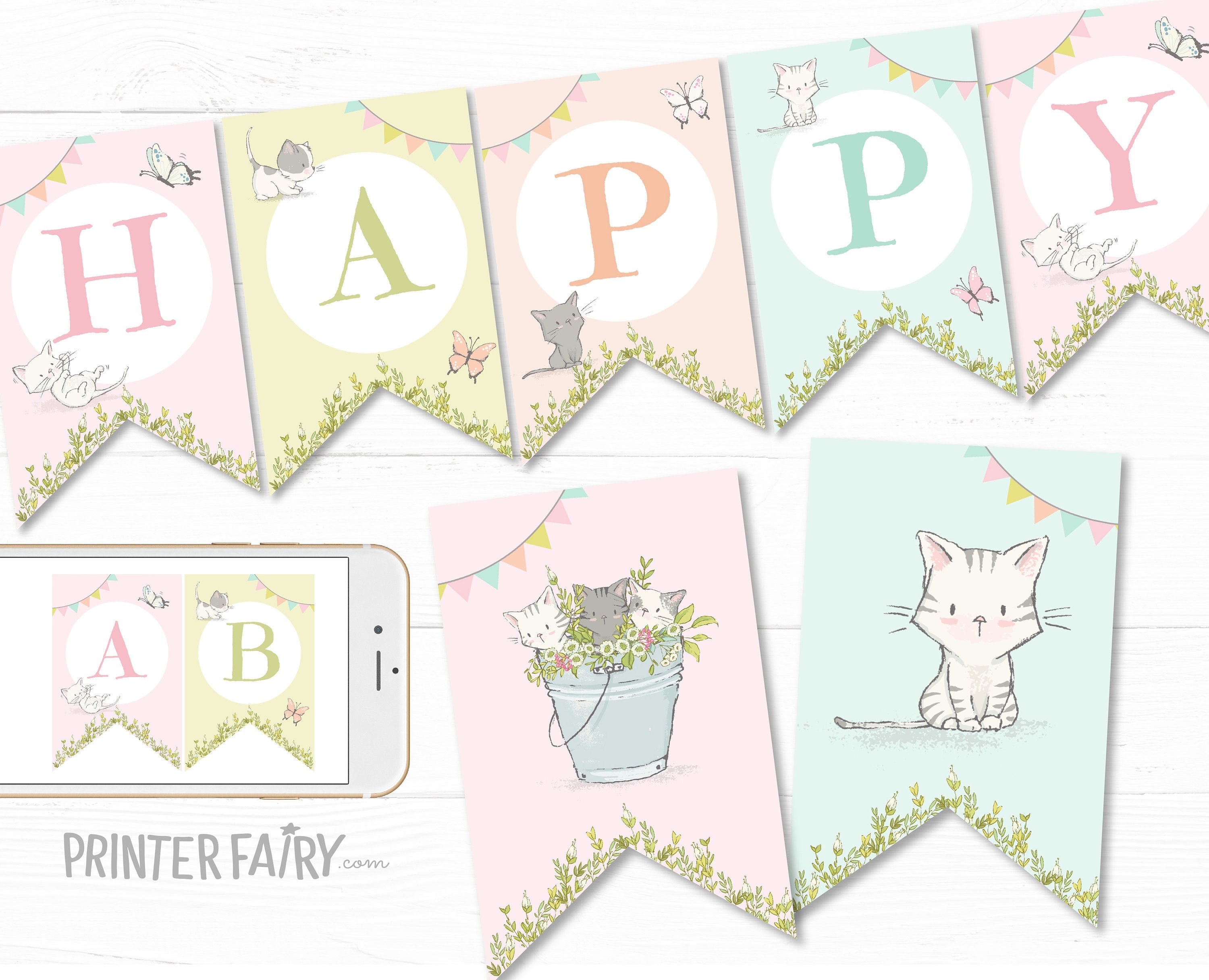Editable Kitty Cat Birthday Banner, Kitten Garden Party (Digital Download)