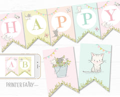 Editable Kitty Cat Birthday Banner, Kitten Garden Party (Digital Download)