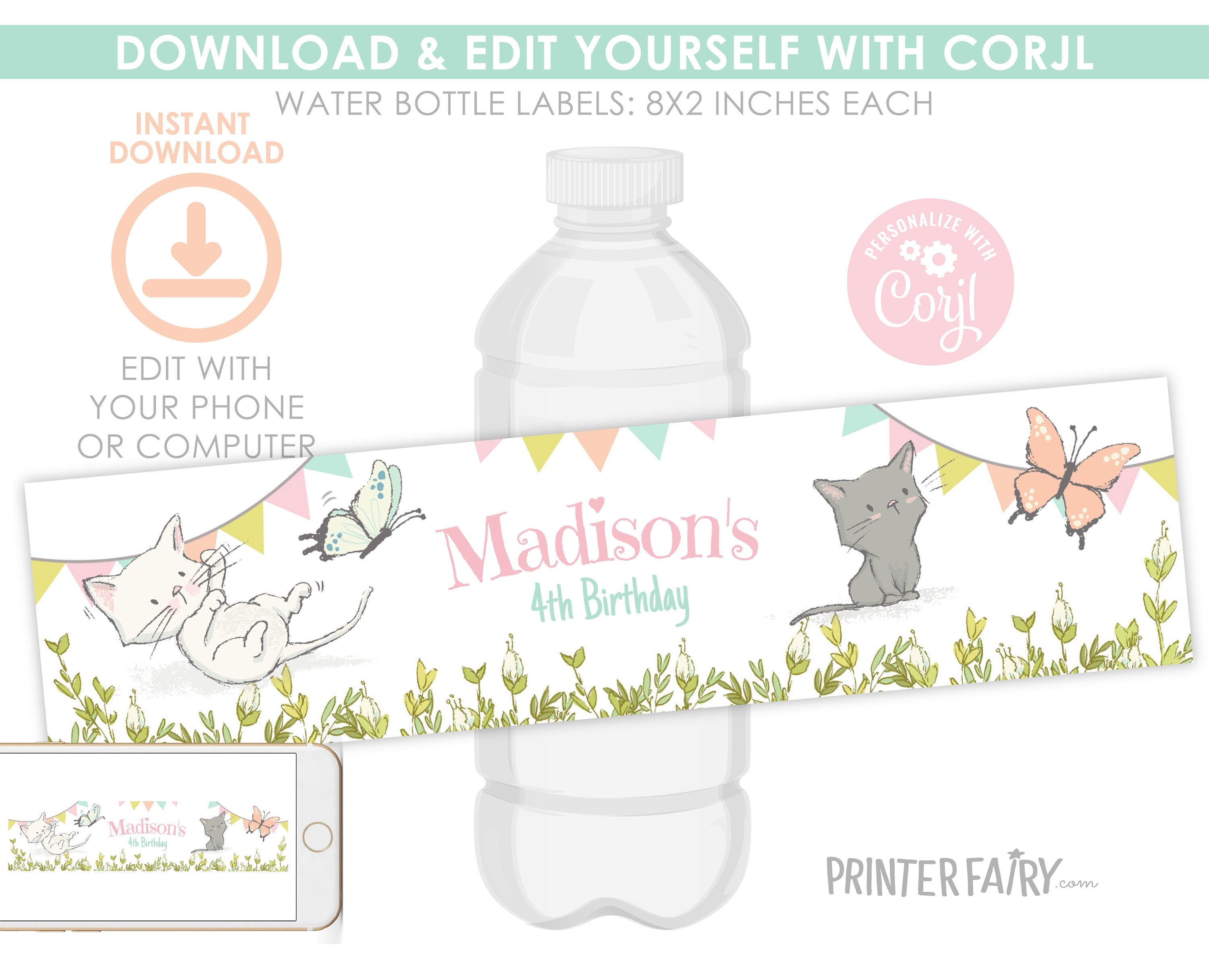 Kitten Garden Birthday Party Water Bottle Label, Editable (Digital)