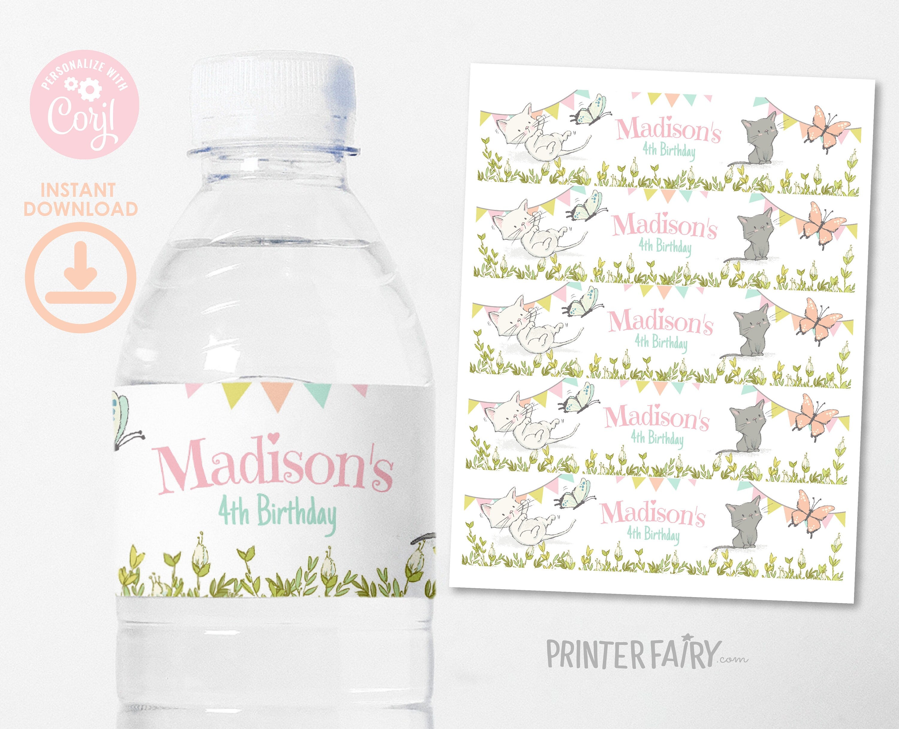 Kitten Garden Birthday Party Water Bottle Label, Editable (Digital)