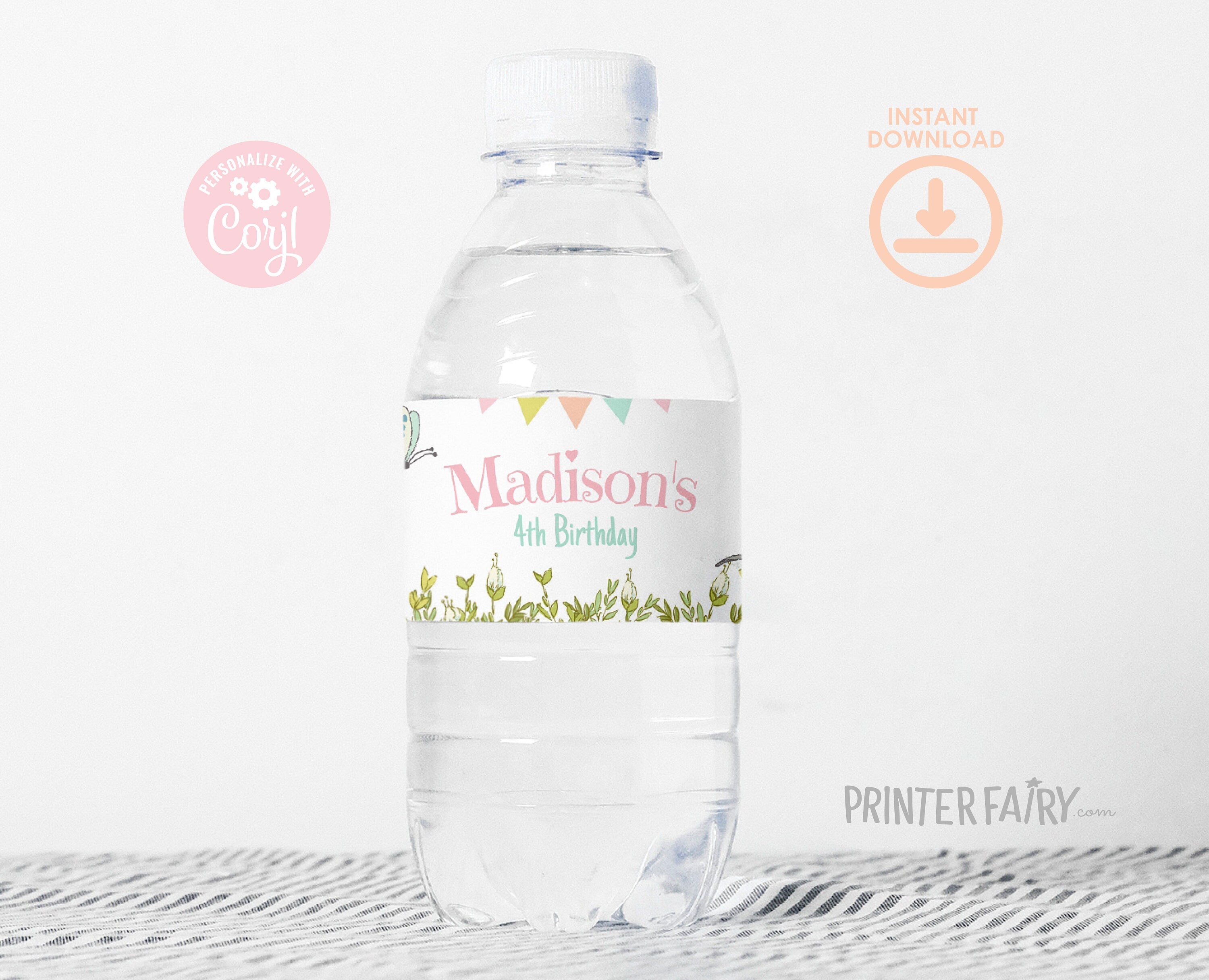 Kitten Garden Birthday Party Water Bottle Label, Editable (Digital)