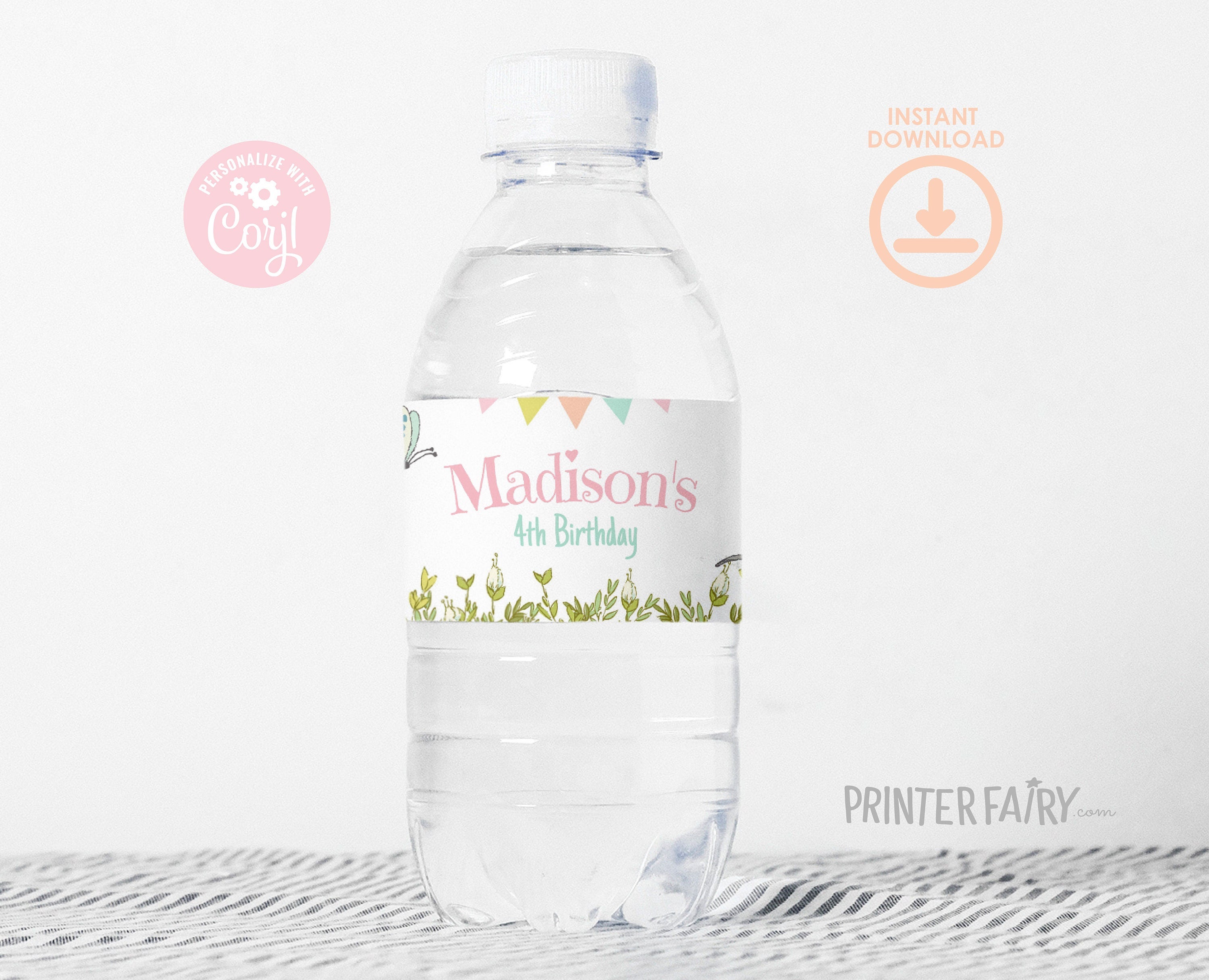 Kitten Garden Birthday Party Water Bottle Label, Editable (Digital)