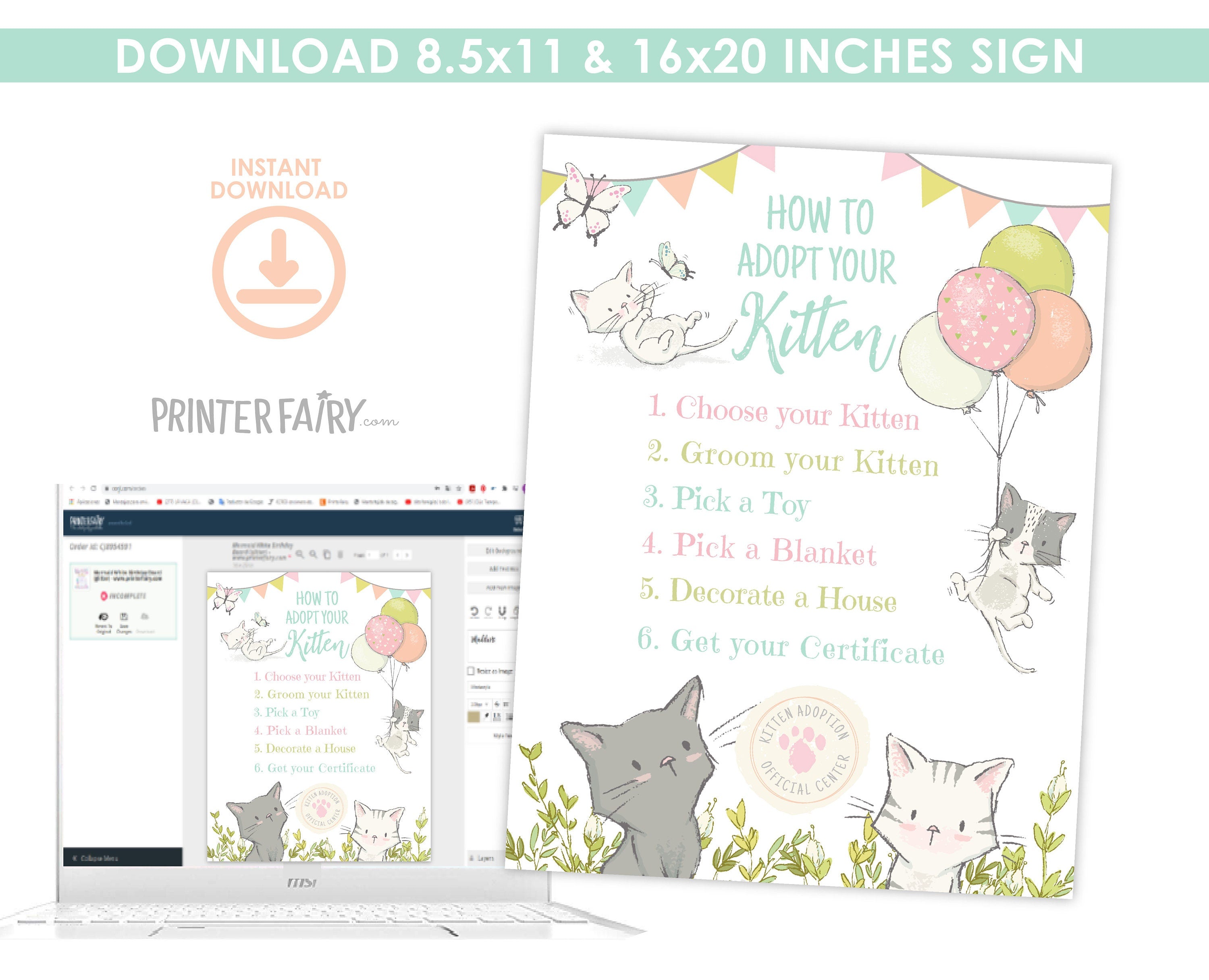 Kitty Cat Birthday Adoption Party Activities Signs EDITABLE Templates, INSTANT DOWNLOAD