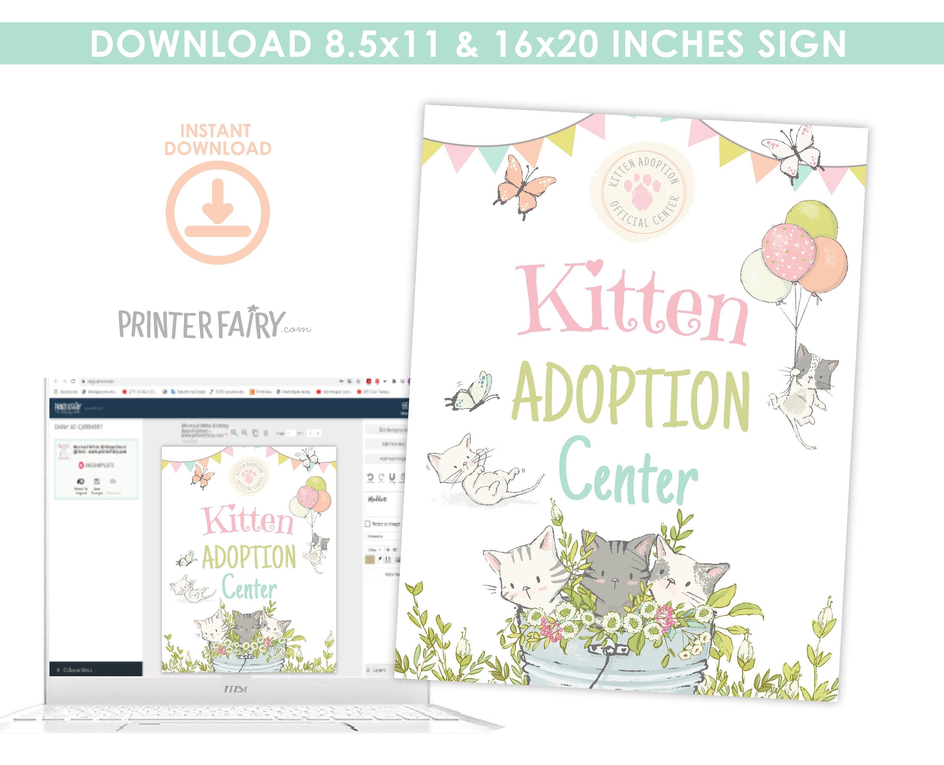 Kitty Cat Birthday Adoption Party Activities Signs EDITABLE Templates, INSTANT DOWNLOAD