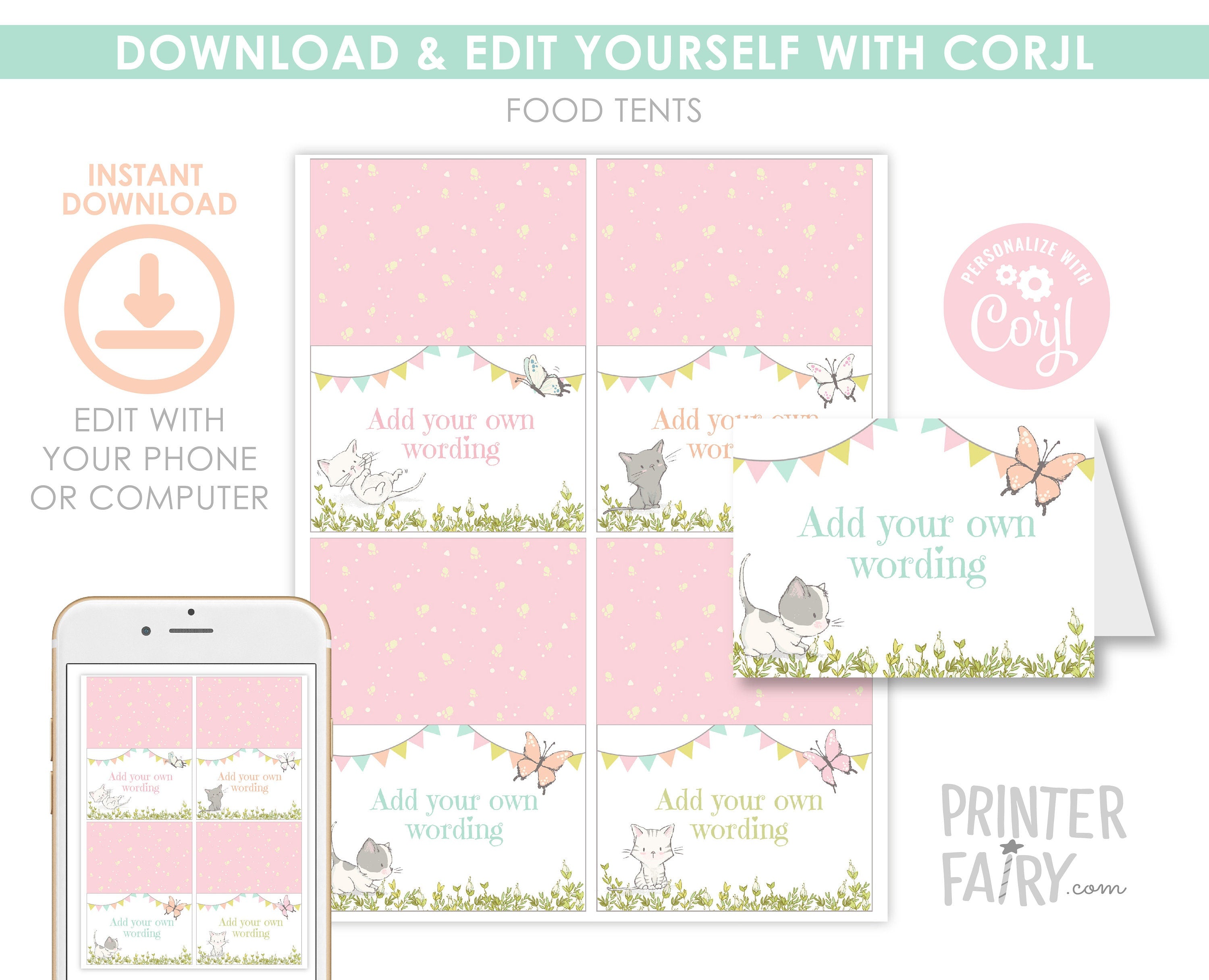Kitten Garden Food Tents, Editable Cat Birthday Table Signs (Digital Download)