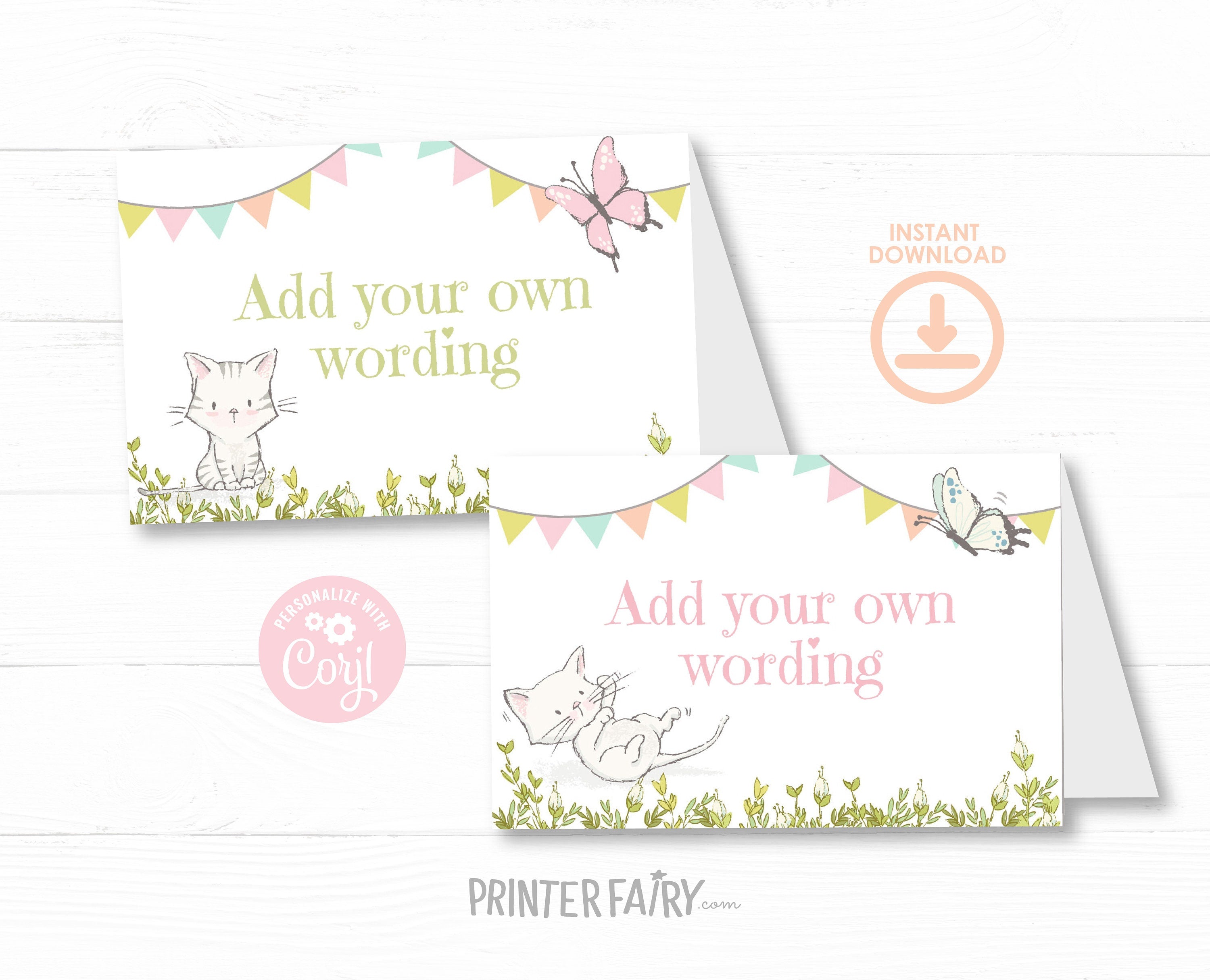Kitten Garden Food Tents, Editable Cat Birthday Table Signs (Digital Download)