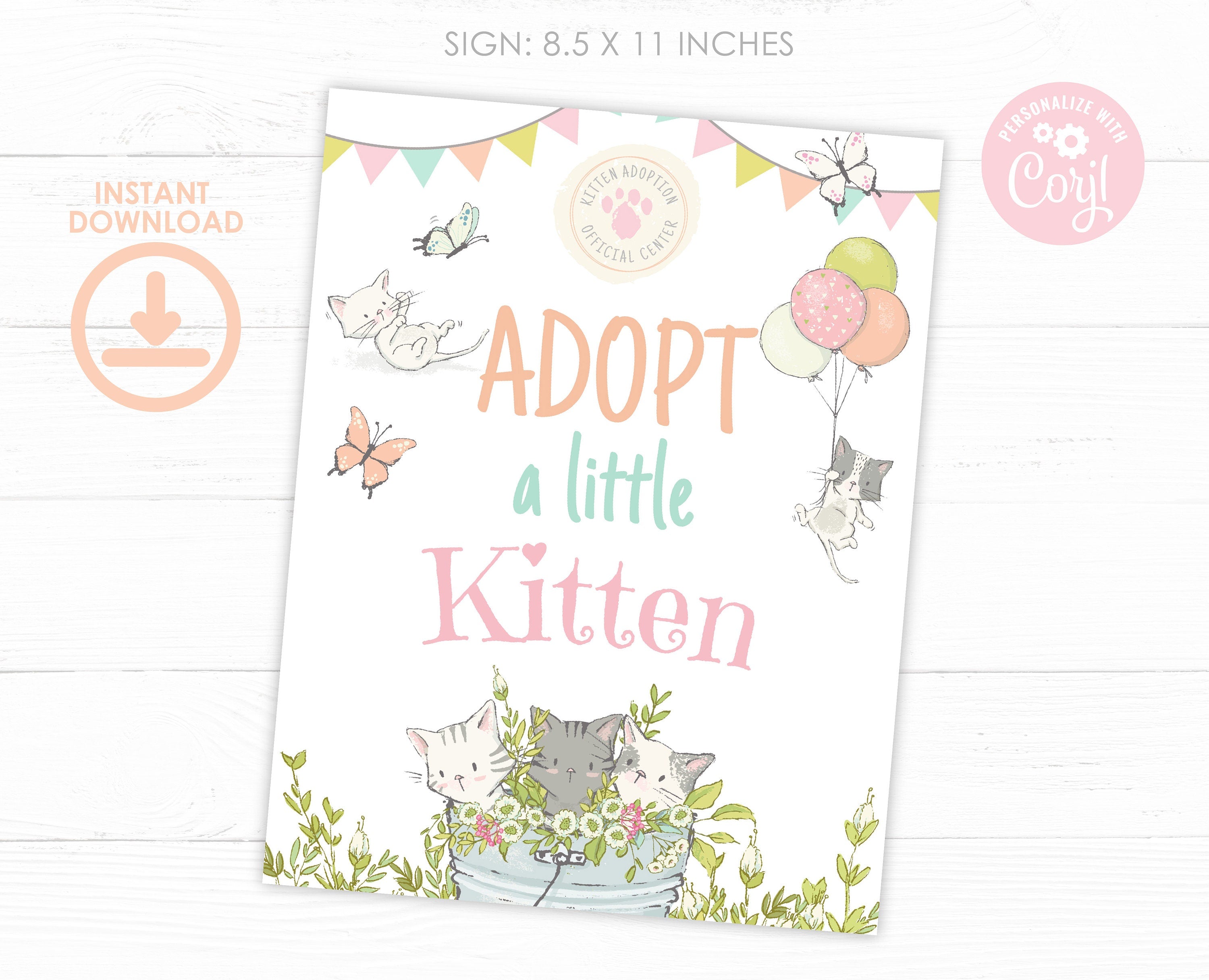 Kitten Garden Adoption Party Printables, Birthday Certificate Sign (Digital Download)