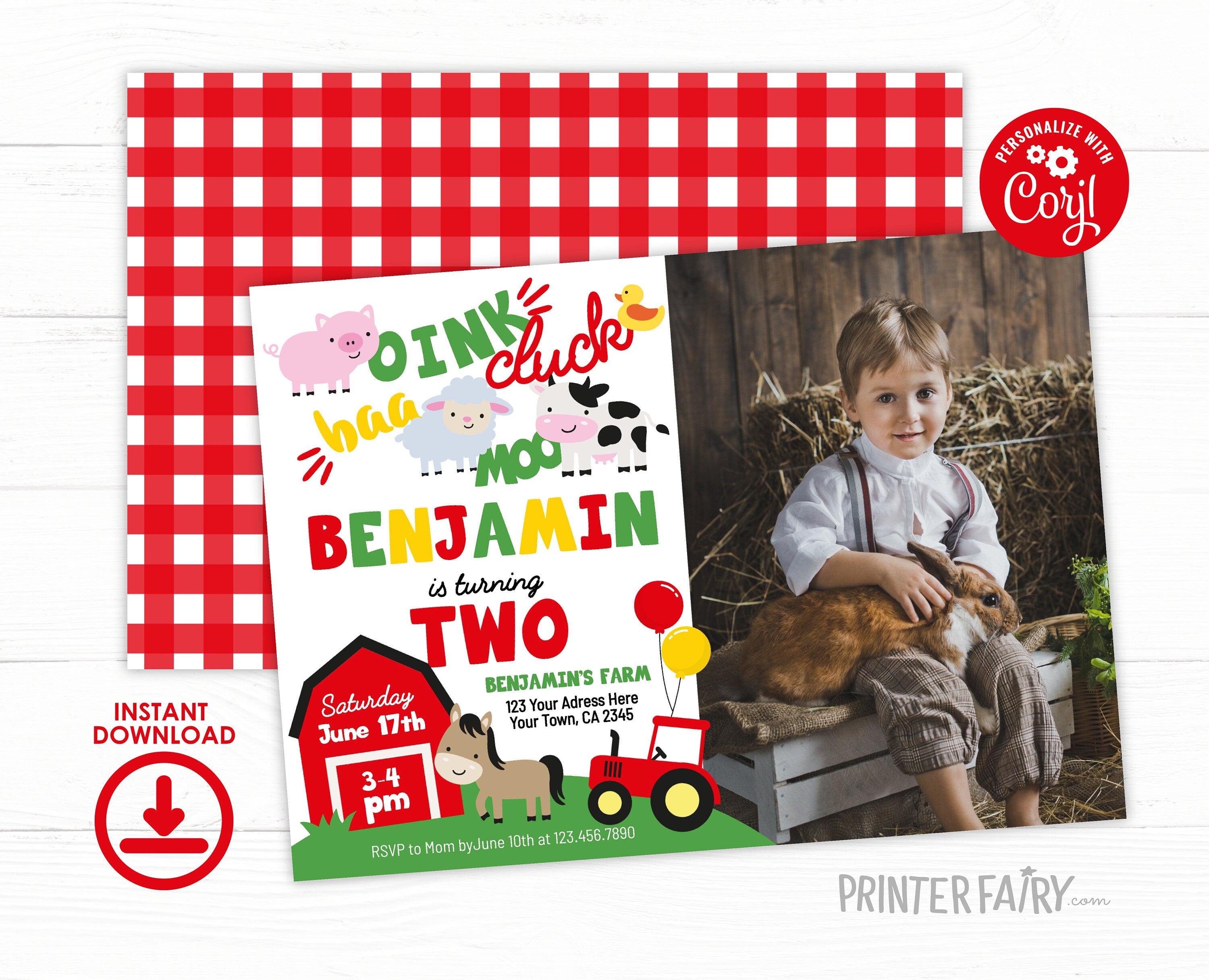Farm Animals Second Birthday Invitation with Photo (Editable, Instant Download)