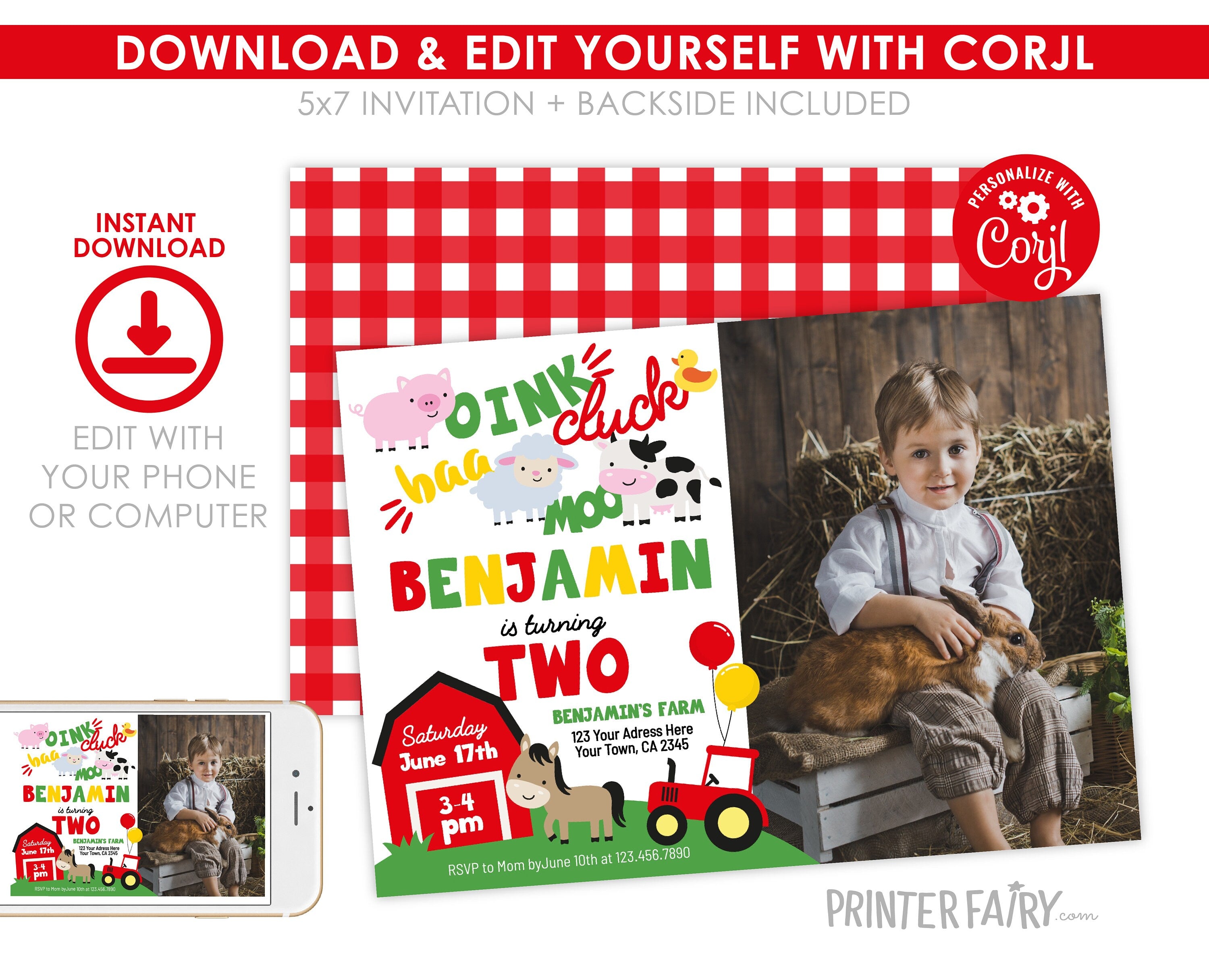 Farm Animals Second Birthday Invitation with Photo (Editable, Instant Download)