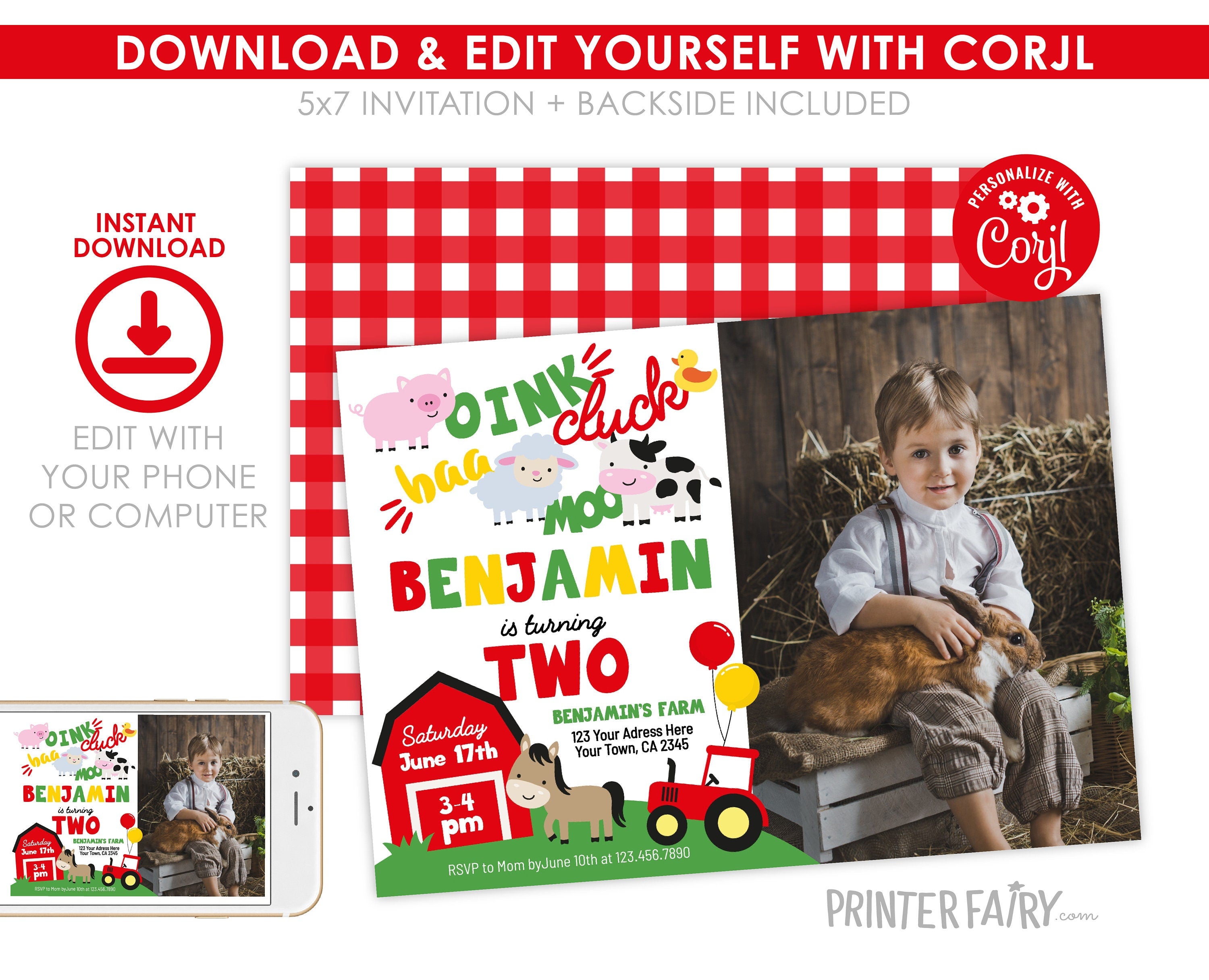 Farm Animals Birthday Invitation, Barnyard 2nd Birthday, Editable Template (Digital Download)