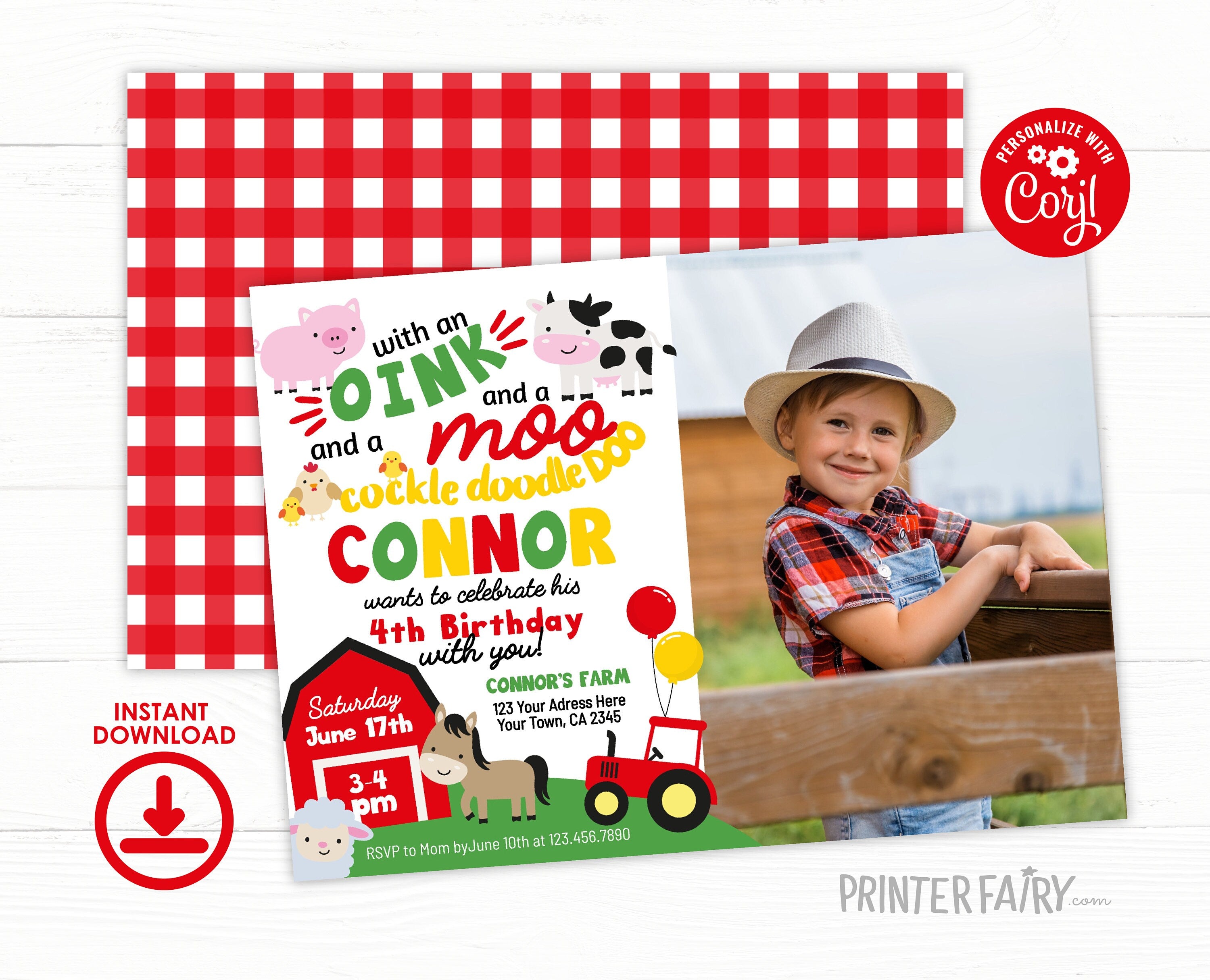 Farm Animals Birthday Invitation with Photo, Editable Template (Digital Download)