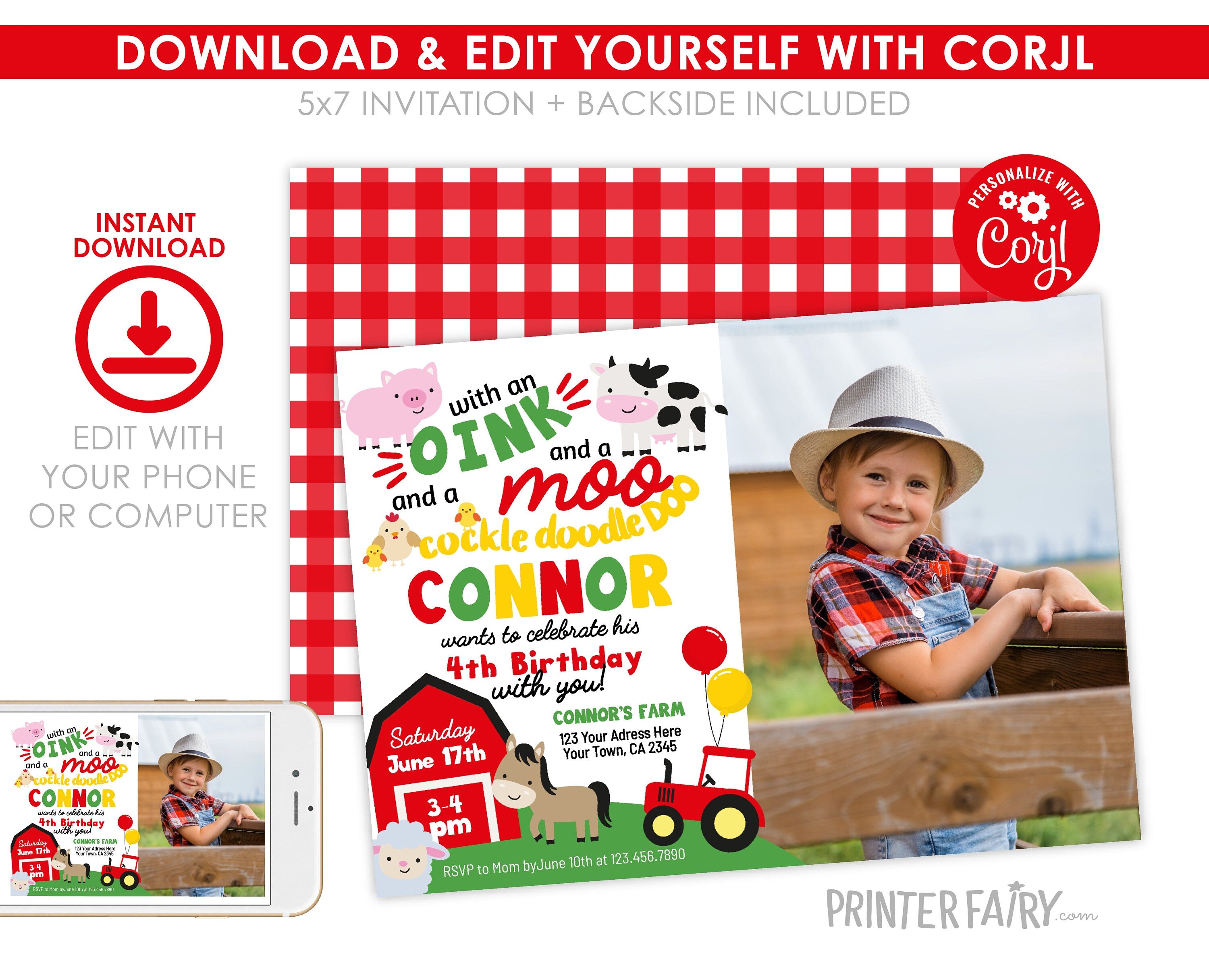Farm Animals Birthday Invitation with Photo, Editable Template (Digital Download)