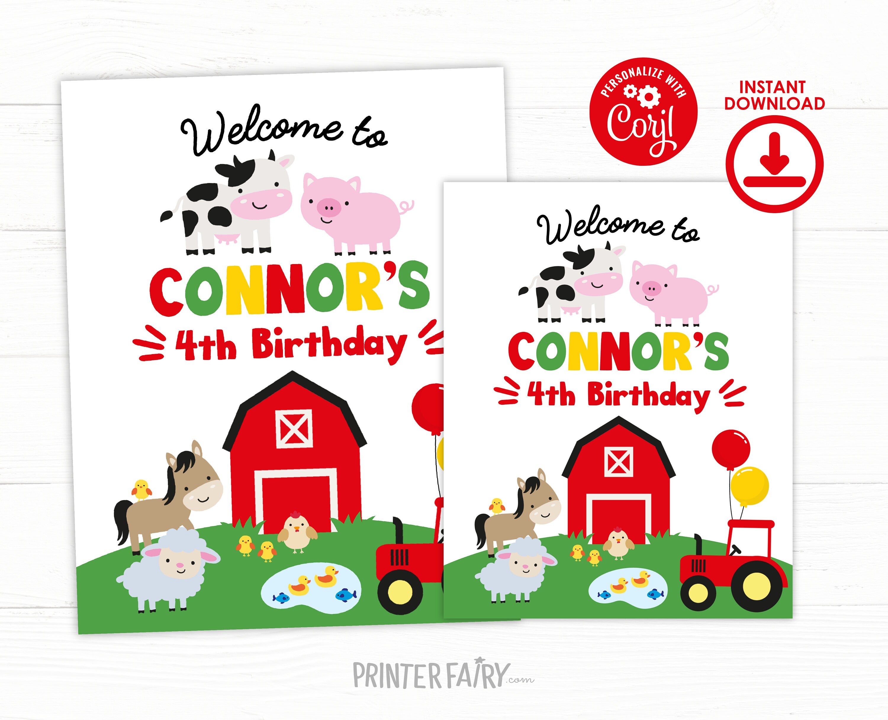 Farm Animals Birthday Welcome Sign, Editable Template (Digital Download)