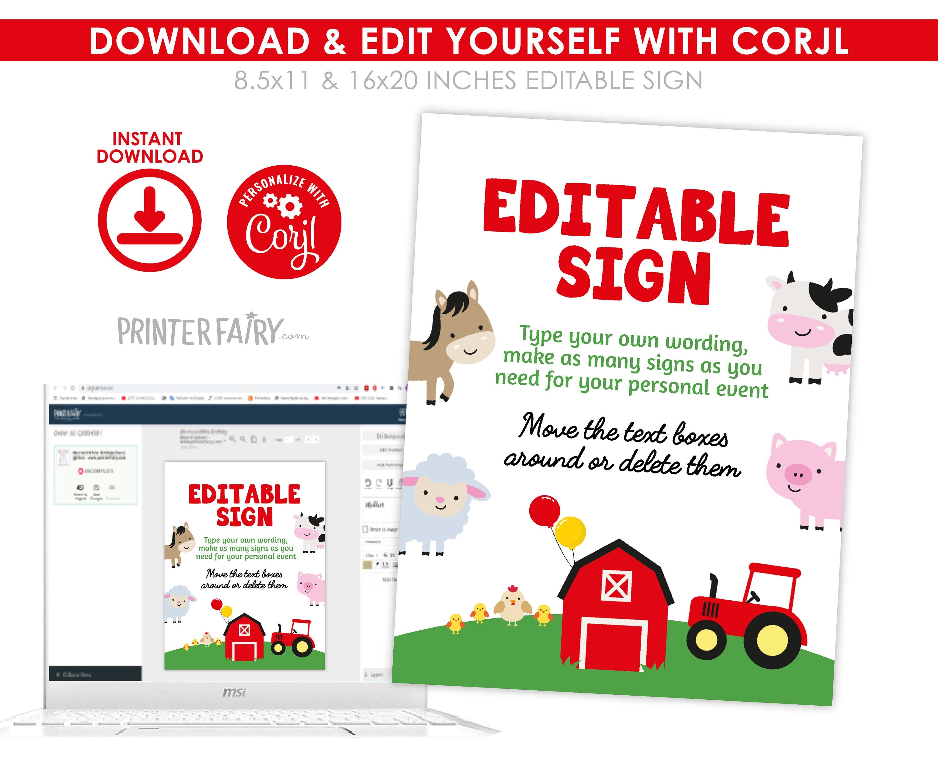 Farm Birthday Party Sign, Editable Template (Instant Download)