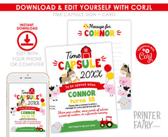 Farm First Birthday Time Capsule Sign, Barnyard Animals (Editable Digital Template)