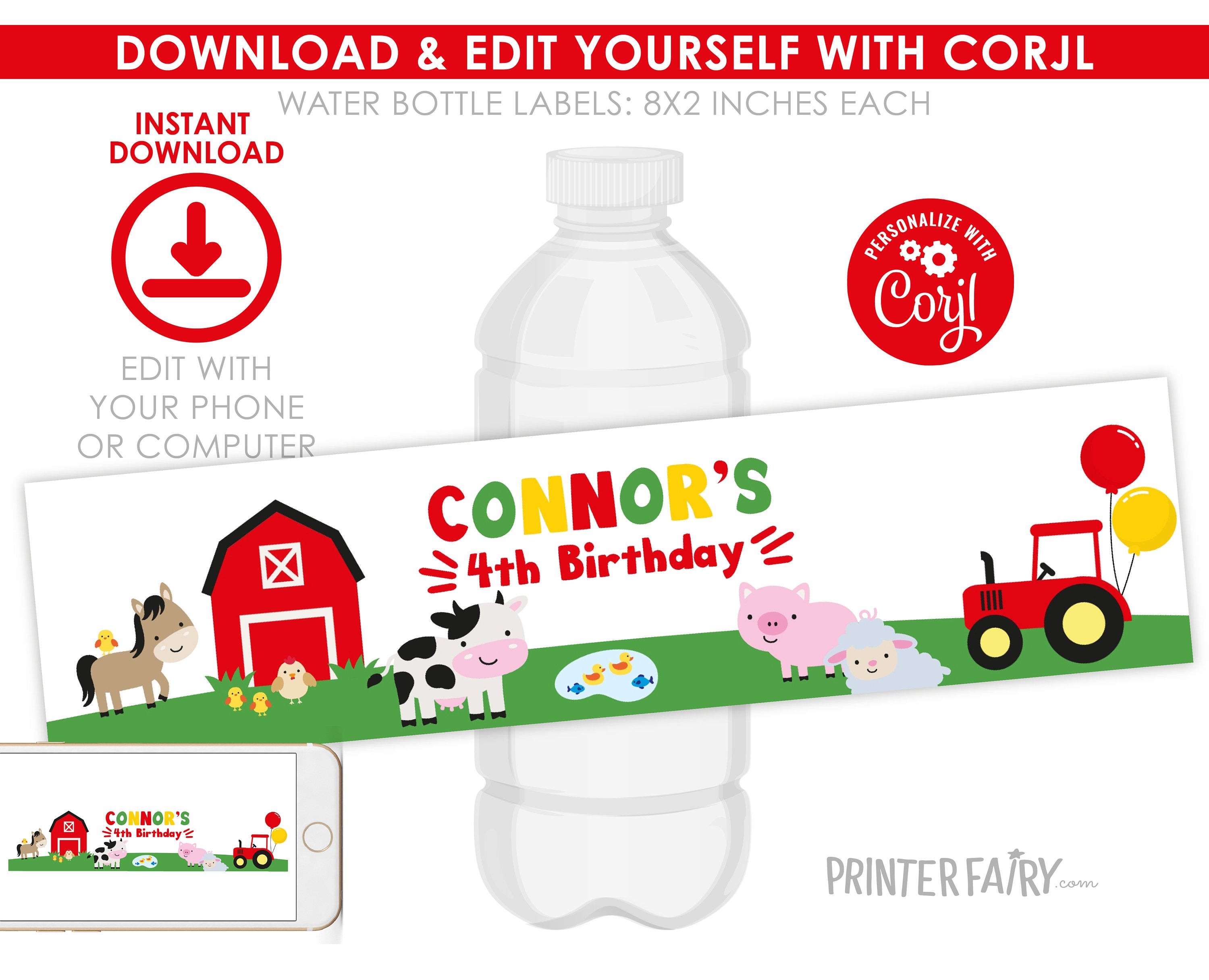 Farm Animals Birthday Water Bottle Label, Editable (Digital Download)