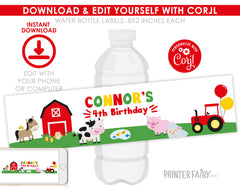 Farm Animals Birthday Water Bottle Label, Editable (Digital Download)