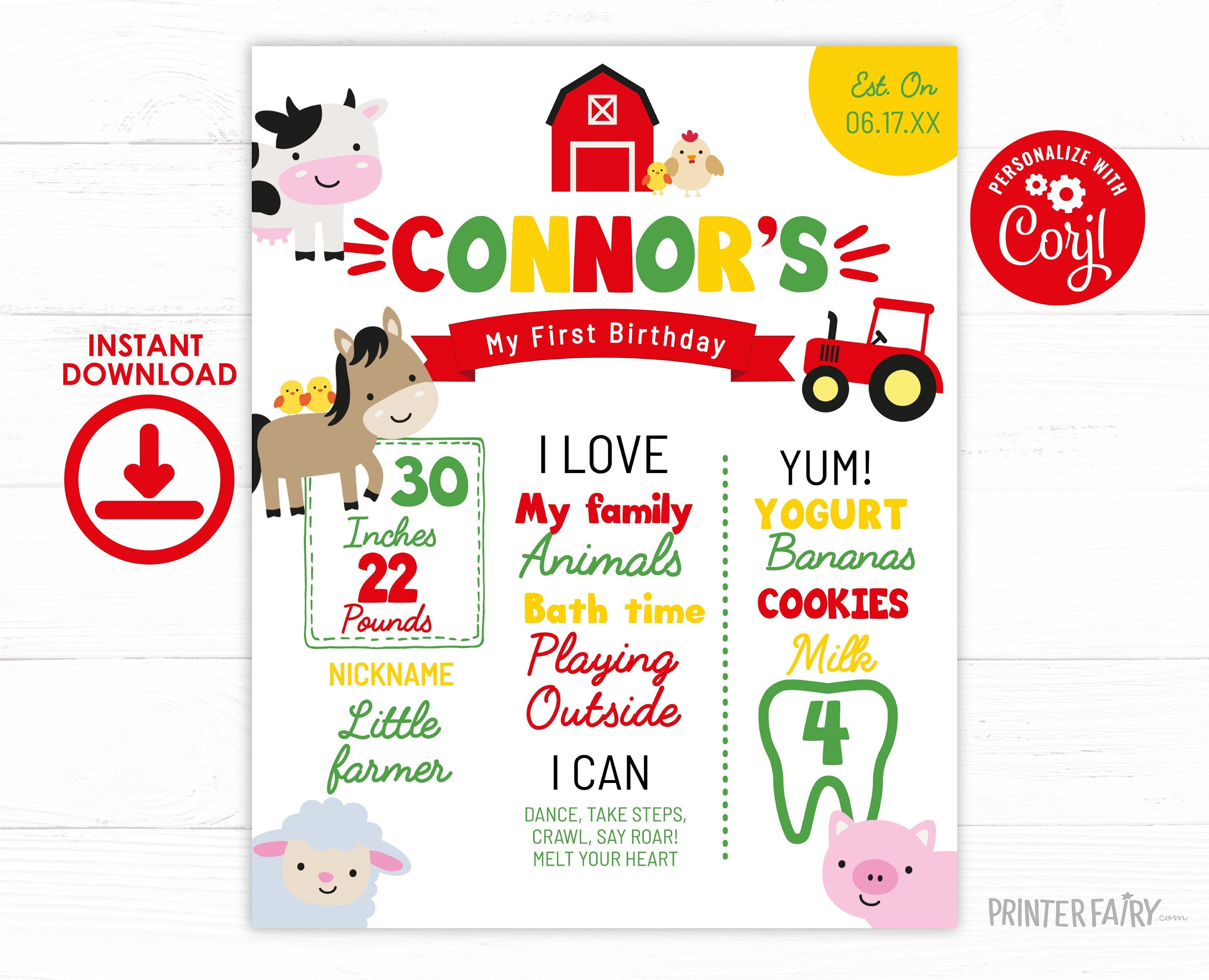 Farm First Birthday Milestone Board, Barnyard Animals Sign (Editable Digital)