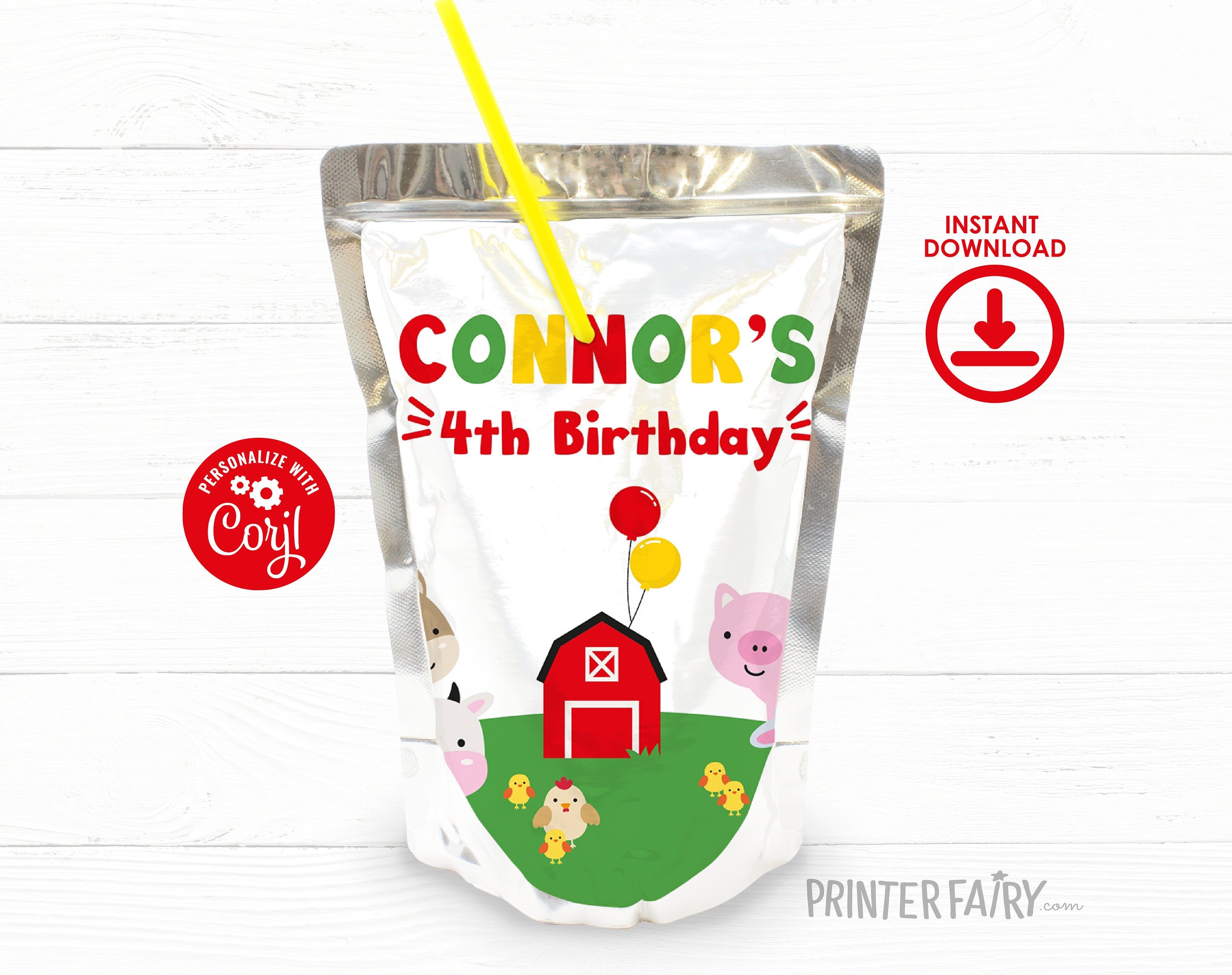 Farm Birthday Drink Pouch Label, Editable Barnyard Animals Party Template (Digital Download)
