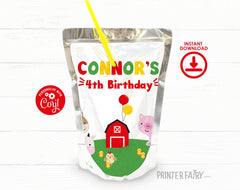 Farm Birthday Drink Pouch Label, Editable Barnyard Animals Party Template (Digital Download)